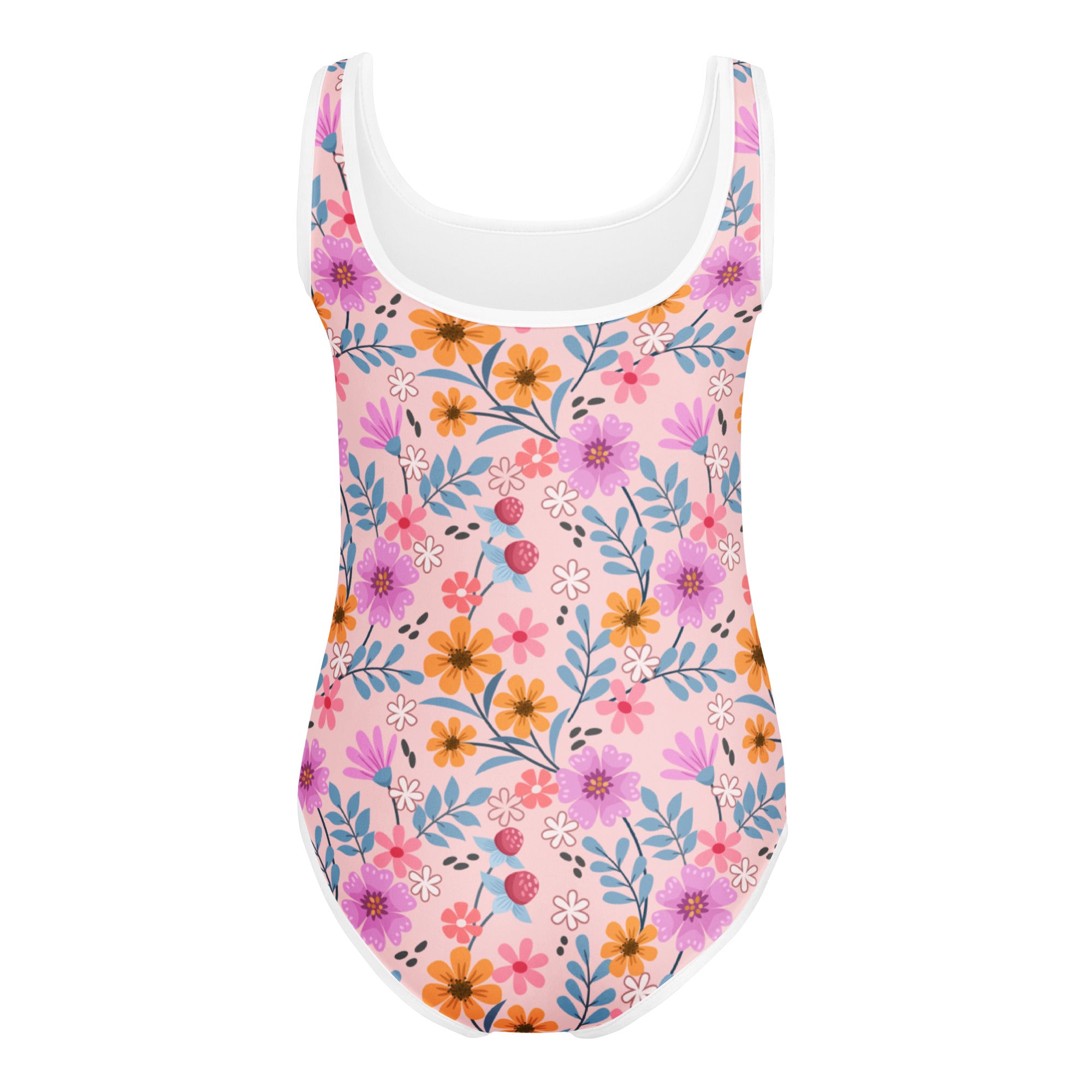 Girls pink floral buttery soft one-piece swimsuit with white trim and colorful flower pattern for dance and gymnastics