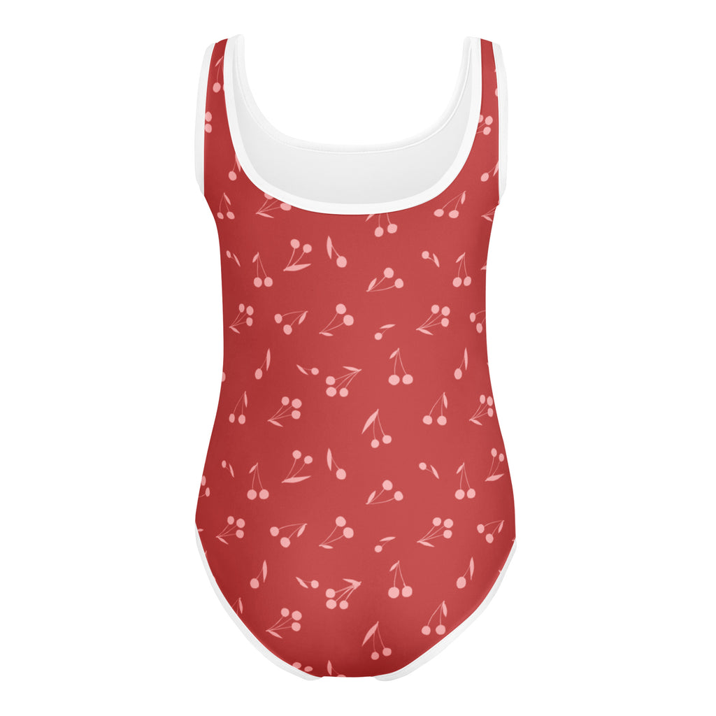 Girls cherry print buttery soft leotard in red with white trim and pink cherries for dance and gymnastics use