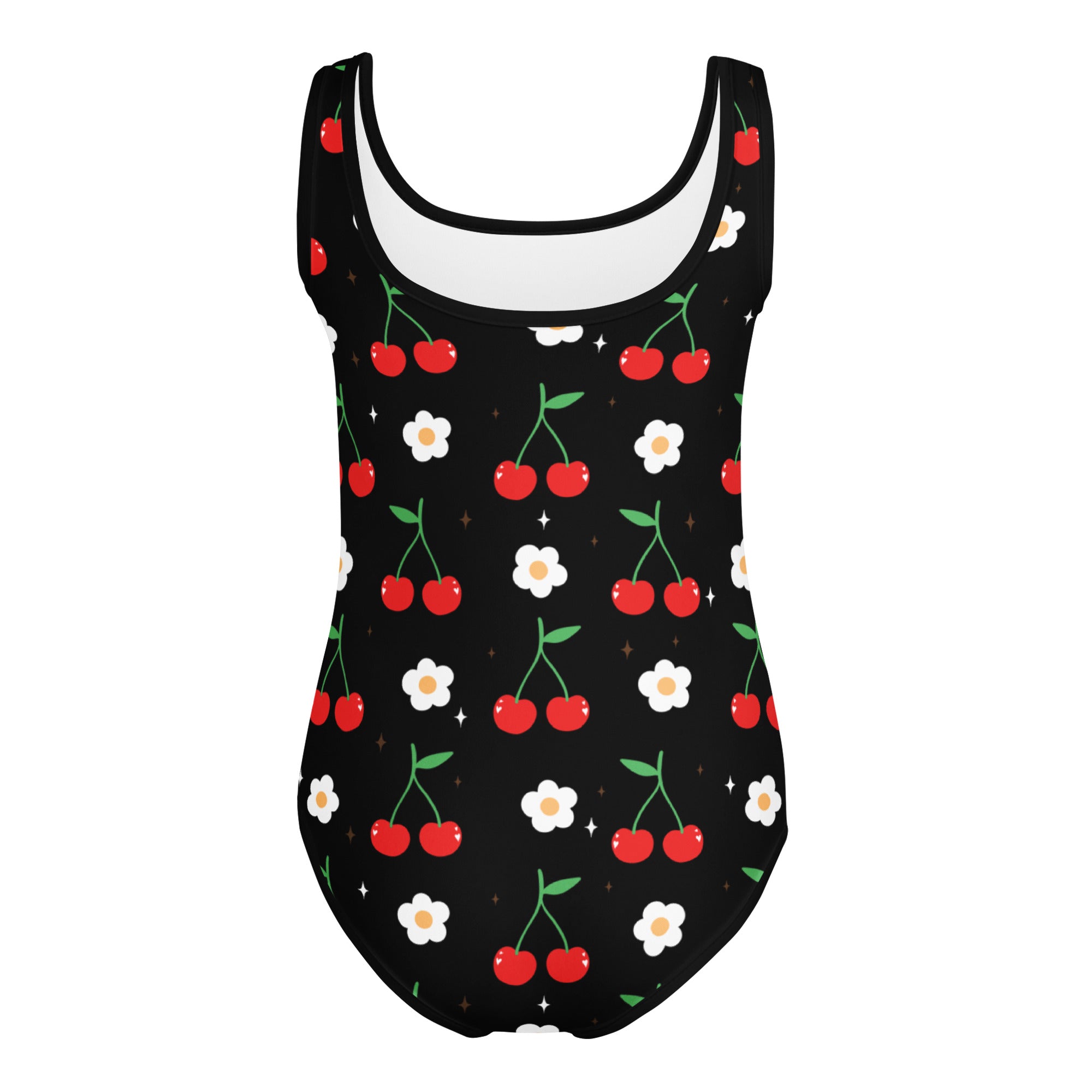 Girls cherry blossom buttery soft black leotard with playful red cherries and white daisies quick drying for dance