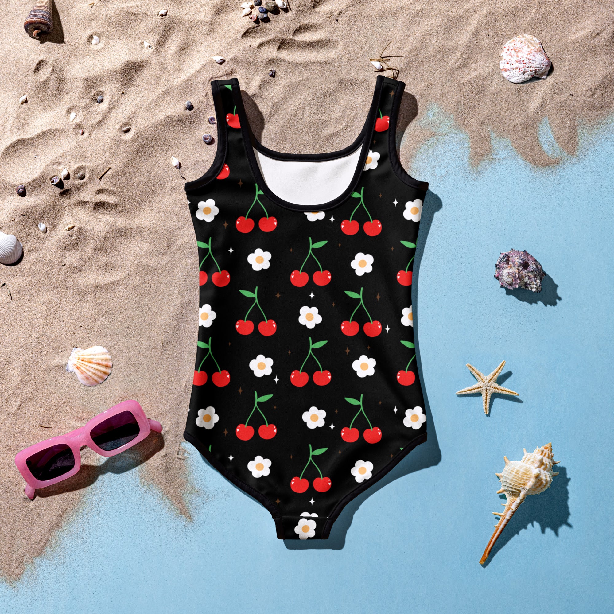Girls cherry blossom buttery soft black swimsuit with red cherries and white daisies and upf 50 plus protection