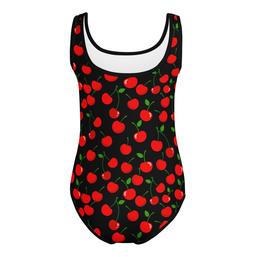 Girls red cherry buttery soft leotard with quick drying fabric black swimsuit with red cherries and white lining