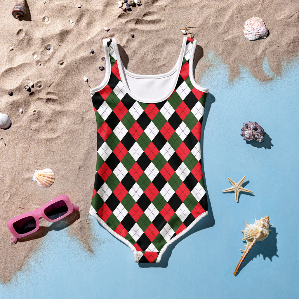 Girls christmas argyle buttery soft one-piece swimsuit with bold red green black white pattern and upf 50+ protection