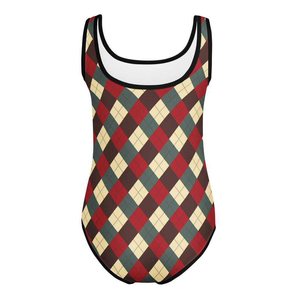 Girls vintage Christmas argyle buttery soft one-piece swimsuit in red green cream with black trim, quick drying for dance and gymnastics