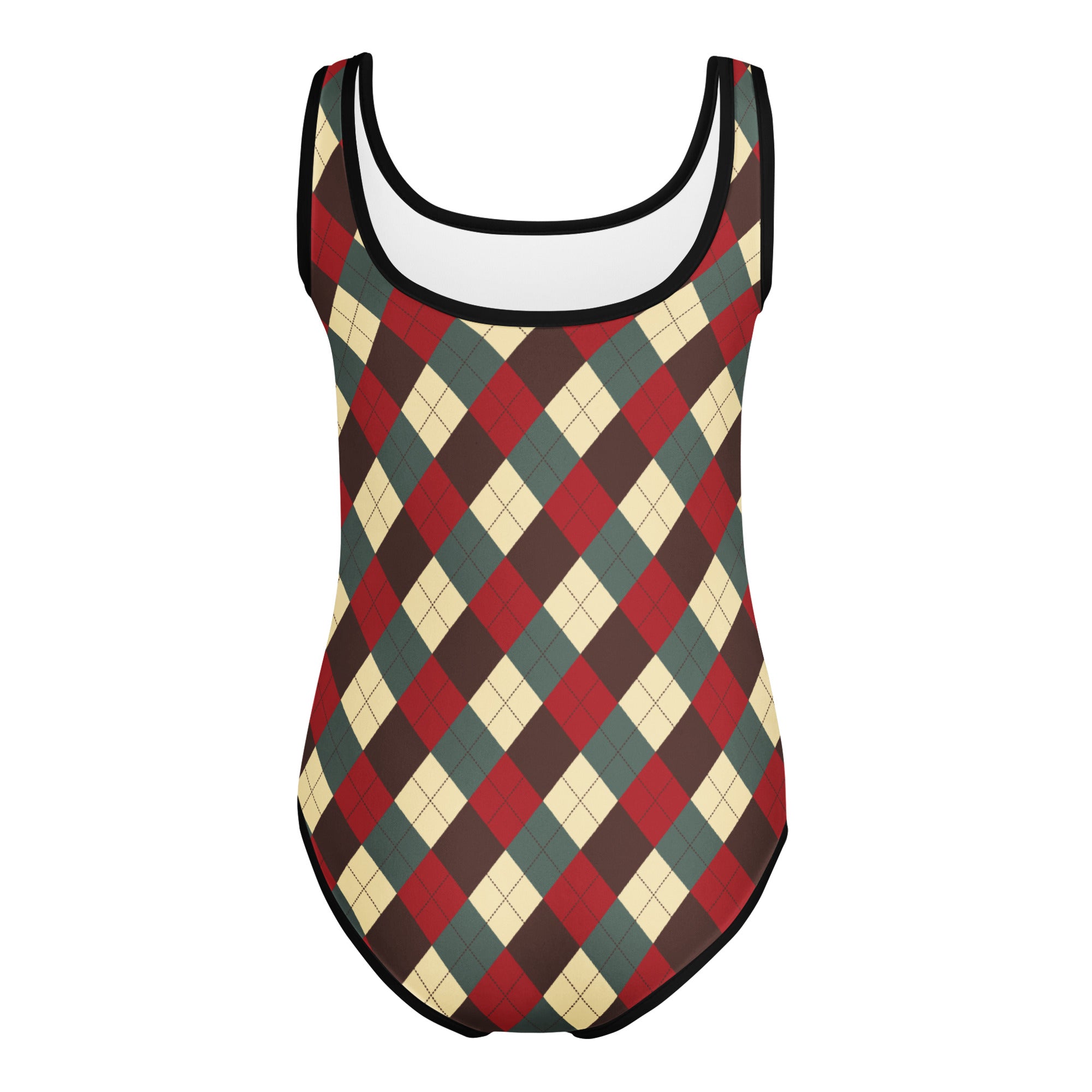 Girls vintage Christmas argyle buttery soft one-piece swimsuit in red green cream with black trim, quick drying for dance and gymnastics