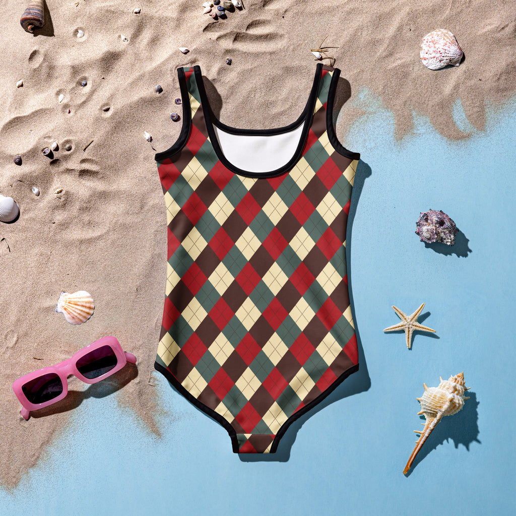 Girls christmas colors argyle buttery soft one-piece swimsuit in red green beige with black trim and upf 50 plus protection