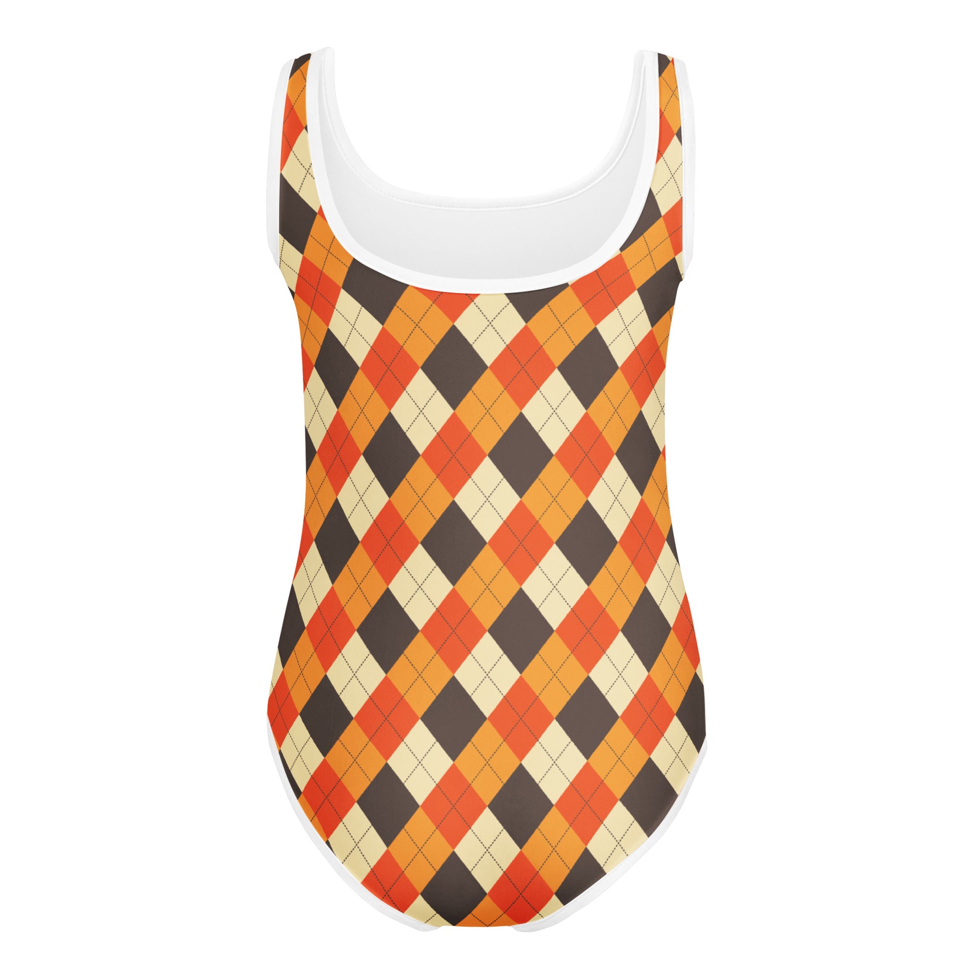 Girls fall argyle buttery soft one-piece swimsuit with bold orange brown cream pattern and white trim for dance gymnastics