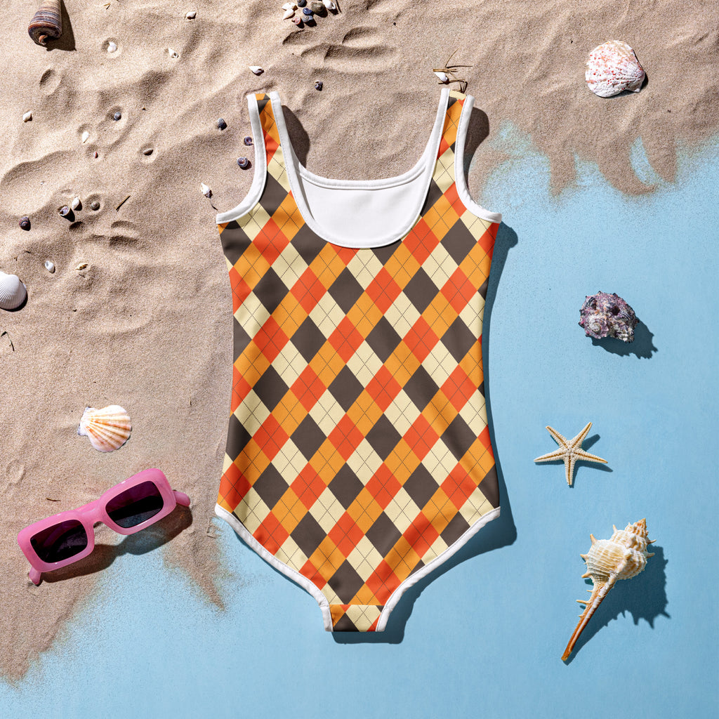 Girls fall argyle buttery soft one-piece swimsuit with upf 50+ in vibrant orange brown cream with white trim
