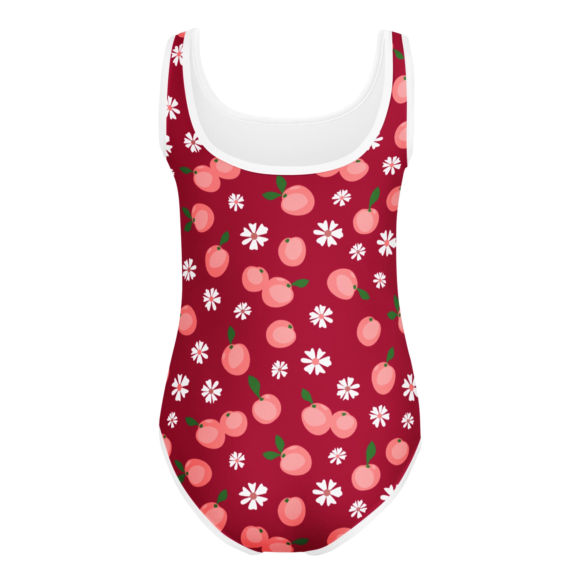 Girls peach blossom buttery soft red one-piece swimsuit with white trim featuring pink peaches and flowers for gymnastics