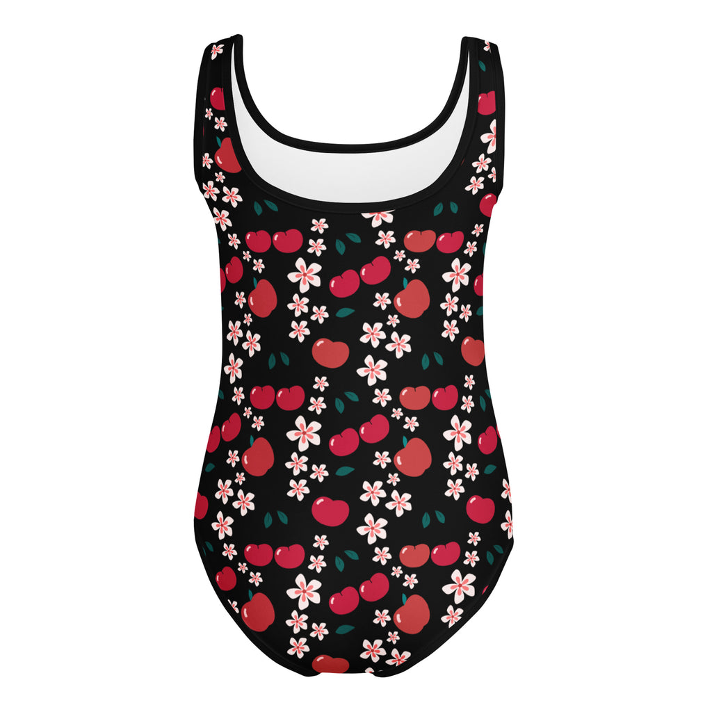 Girls apple blossom buttery soft black one-piece swimsuit with red apples and pink flowers for dance and gymnastics