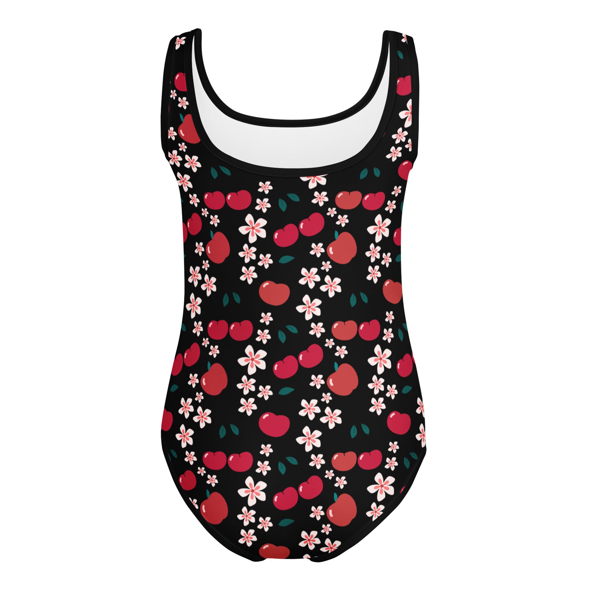Girls apple blossom buttery soft black one-piece swimsuit with red apples and pink flowers for dance and gymnastics
