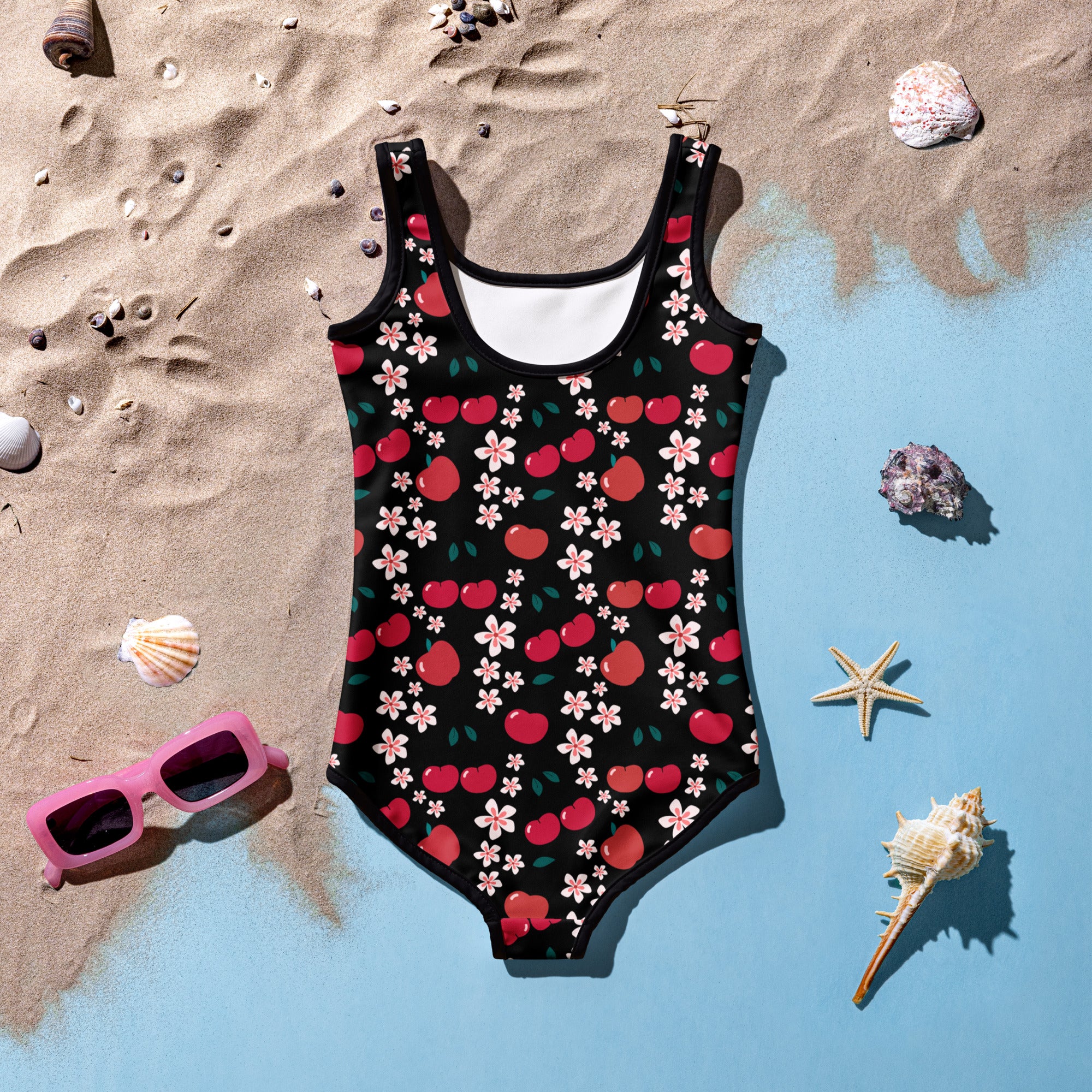 Girls cherry blossom floral buttery soft black one-piece swimsuit with red cherries pink flowers and UPF 50 plus protection