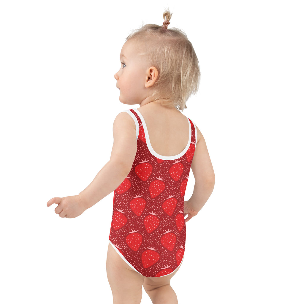 Girls strawberry buttery soft red one-piece swimsuit with white trim and upf 50 plus sun protection