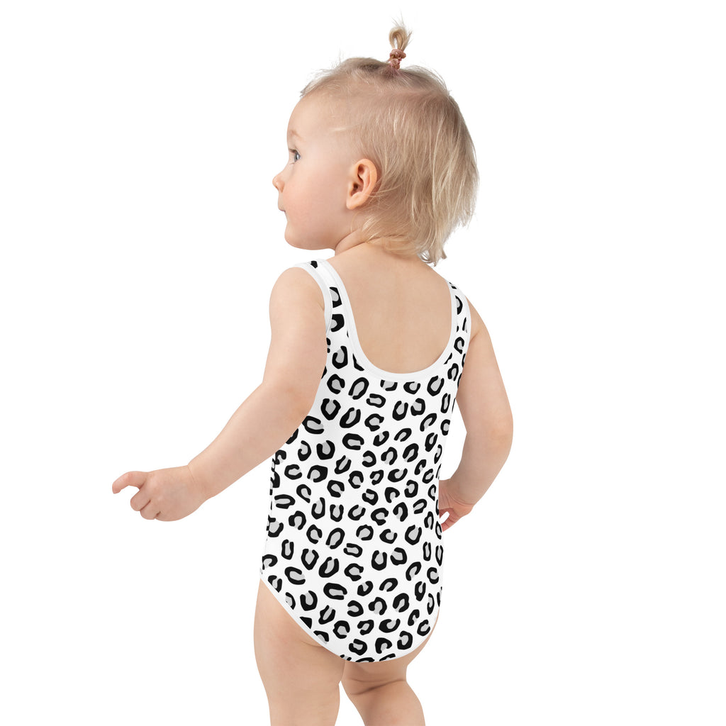 Girls white one-piece swimsuit with black leopard print pattern buttery soft fabric and upf 50+ sun protection