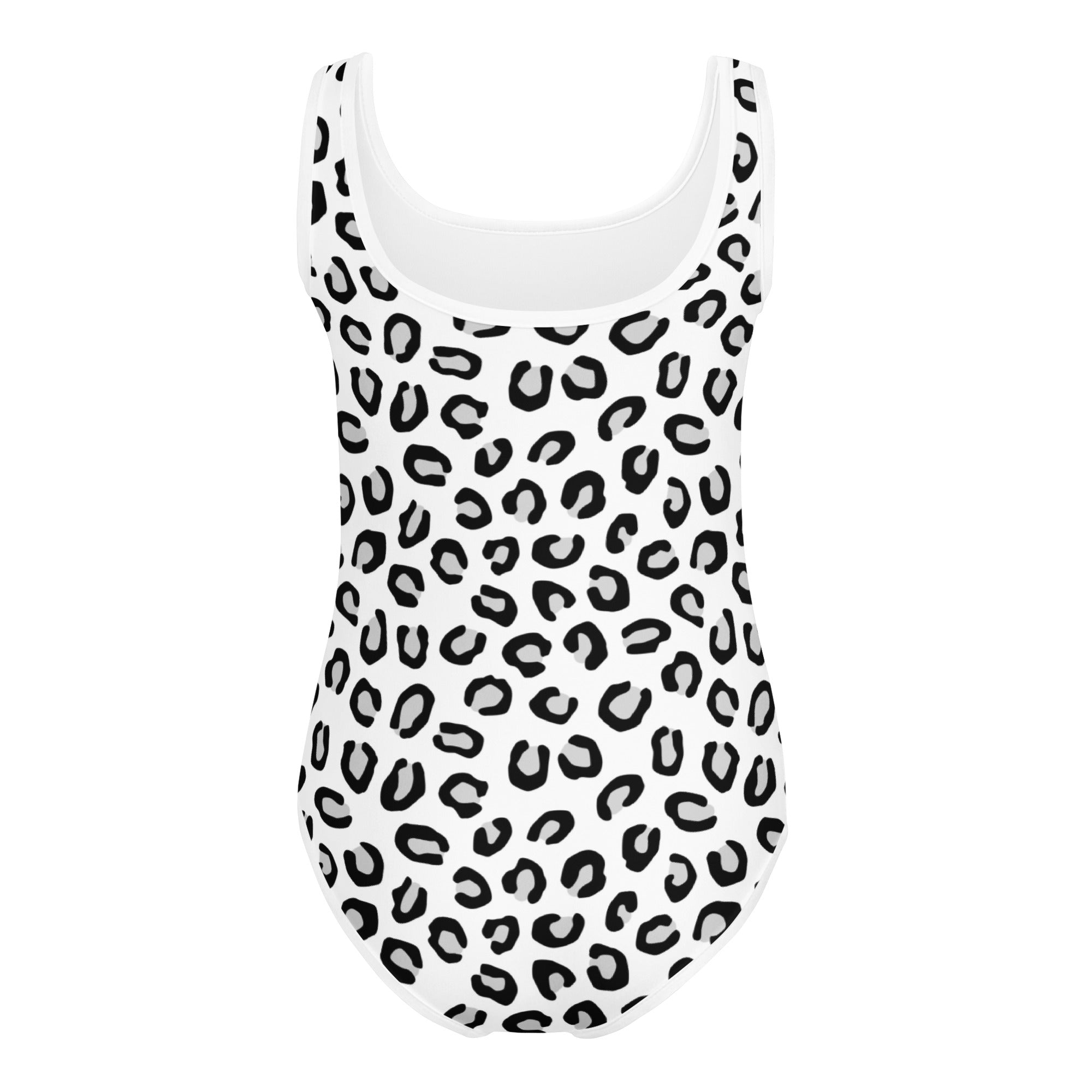 Girls white one-piece swimsuit with black leopard print pattern buttery soft quick drying for dance and gymnastics