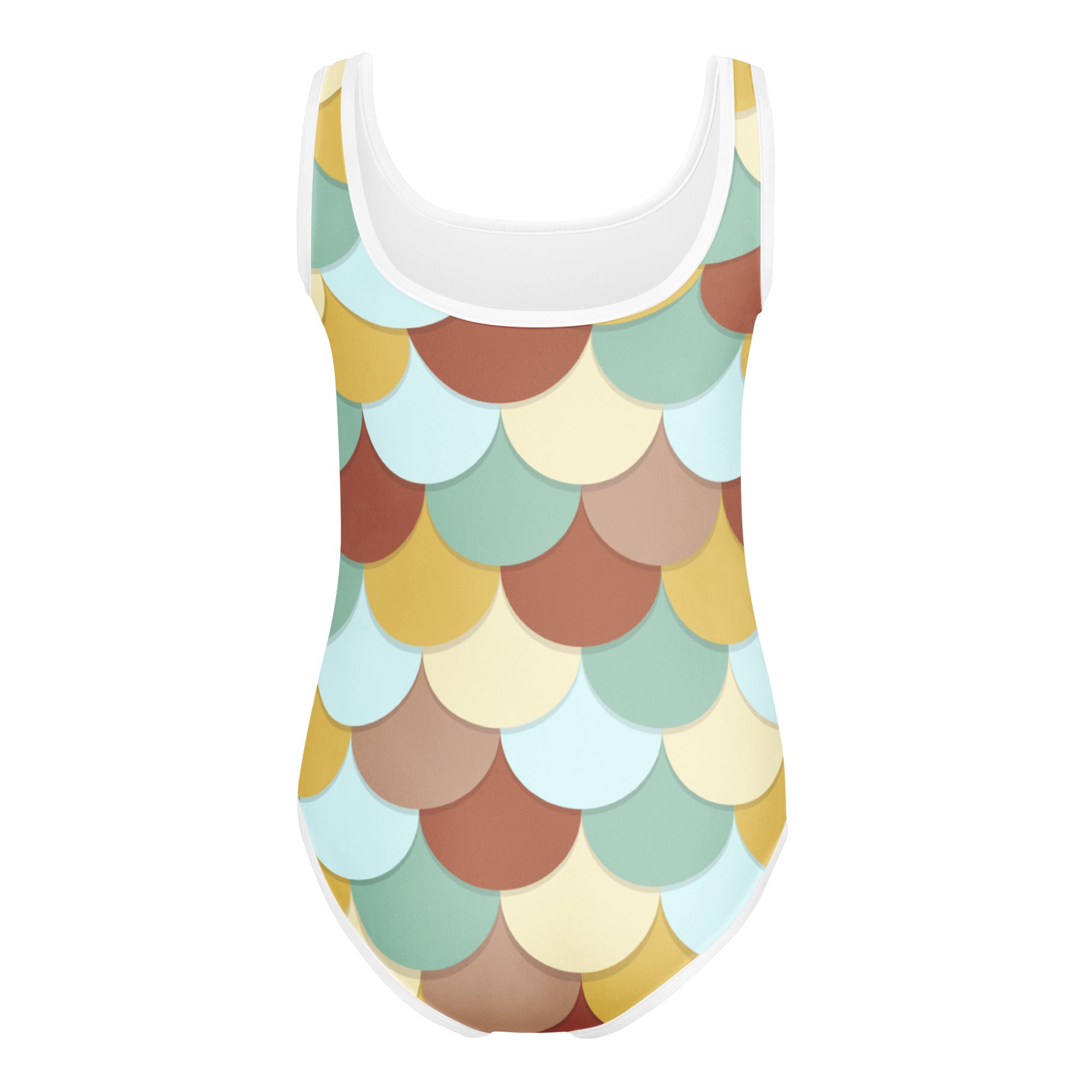 Girls mermaid buttery soft leotard in teal mustard yellow terracotta and cream scale pattern quick drying for dance and gymnastics