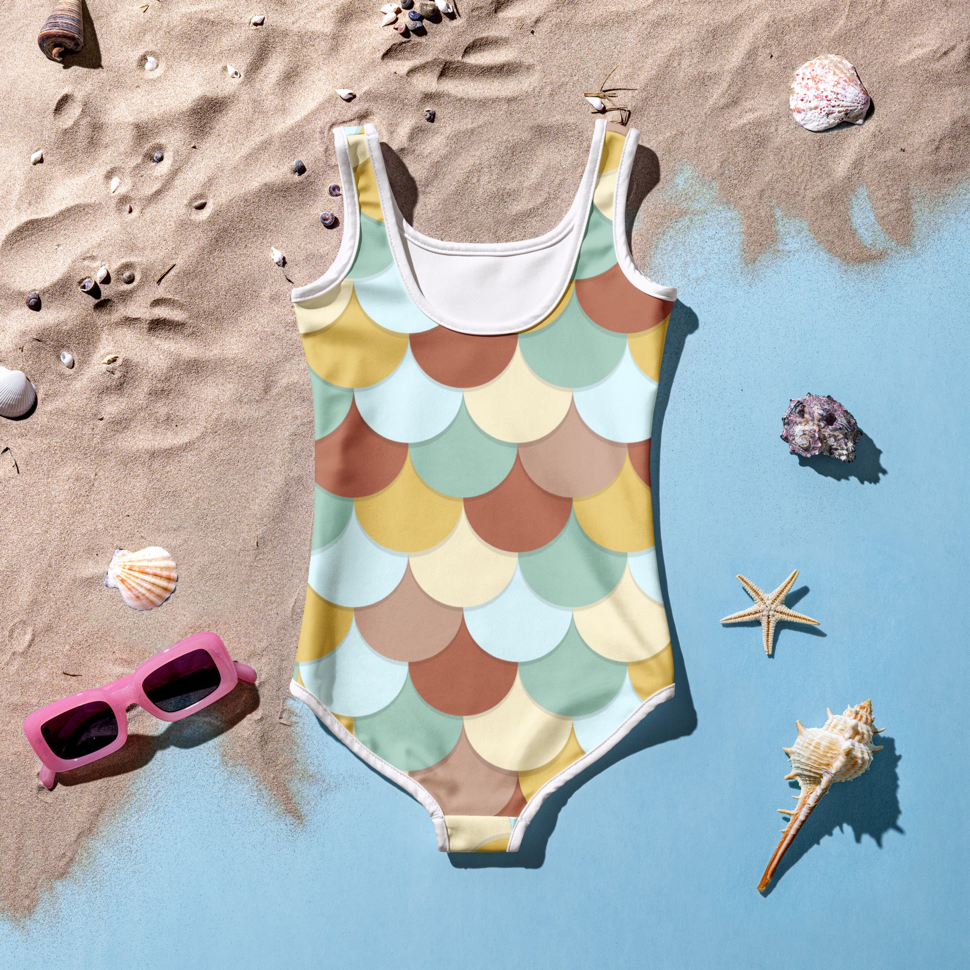 Girls retro mermaid scales buttery soft one-piece swimsuit with pastel yellow mint green terracotta and white trim and UPF 50+