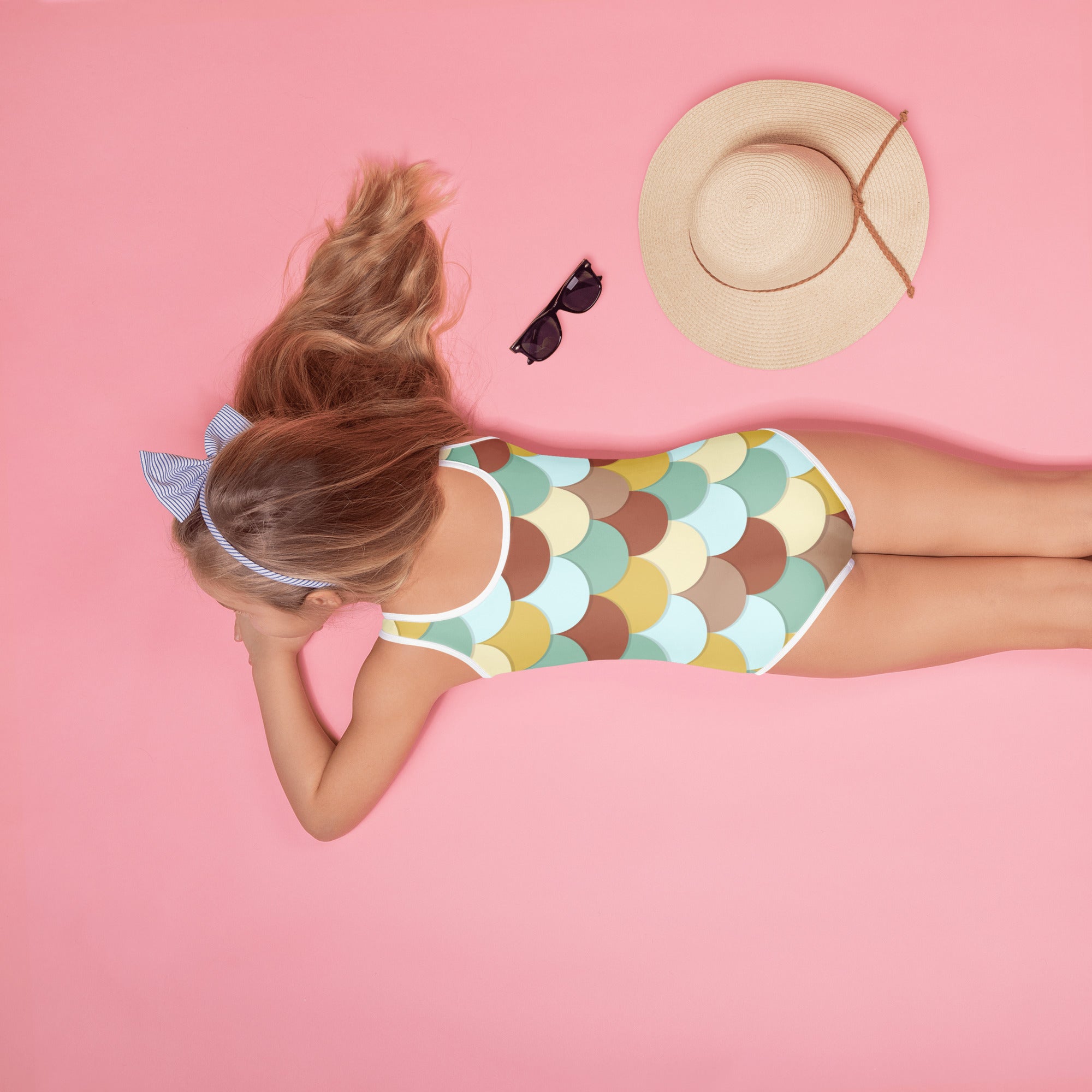 Girls retro mermaid scales one-piece swimsuit in soft mint beige and brown with white trim and UPF 50 plus protection