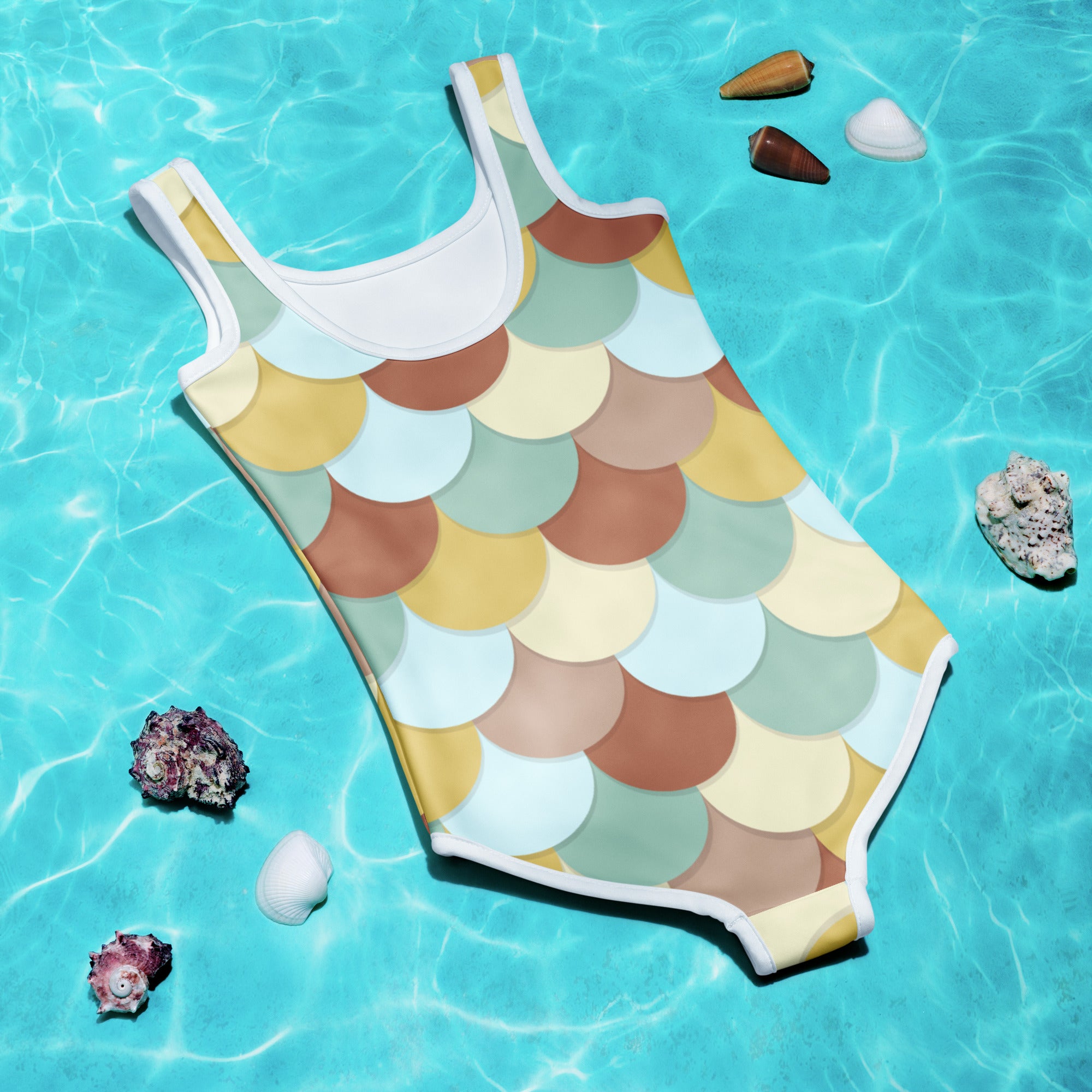 Girls retro mermaid scales one-piece swimsuit in soft beige tan and muted green with white trim and UPF 50 plus protection