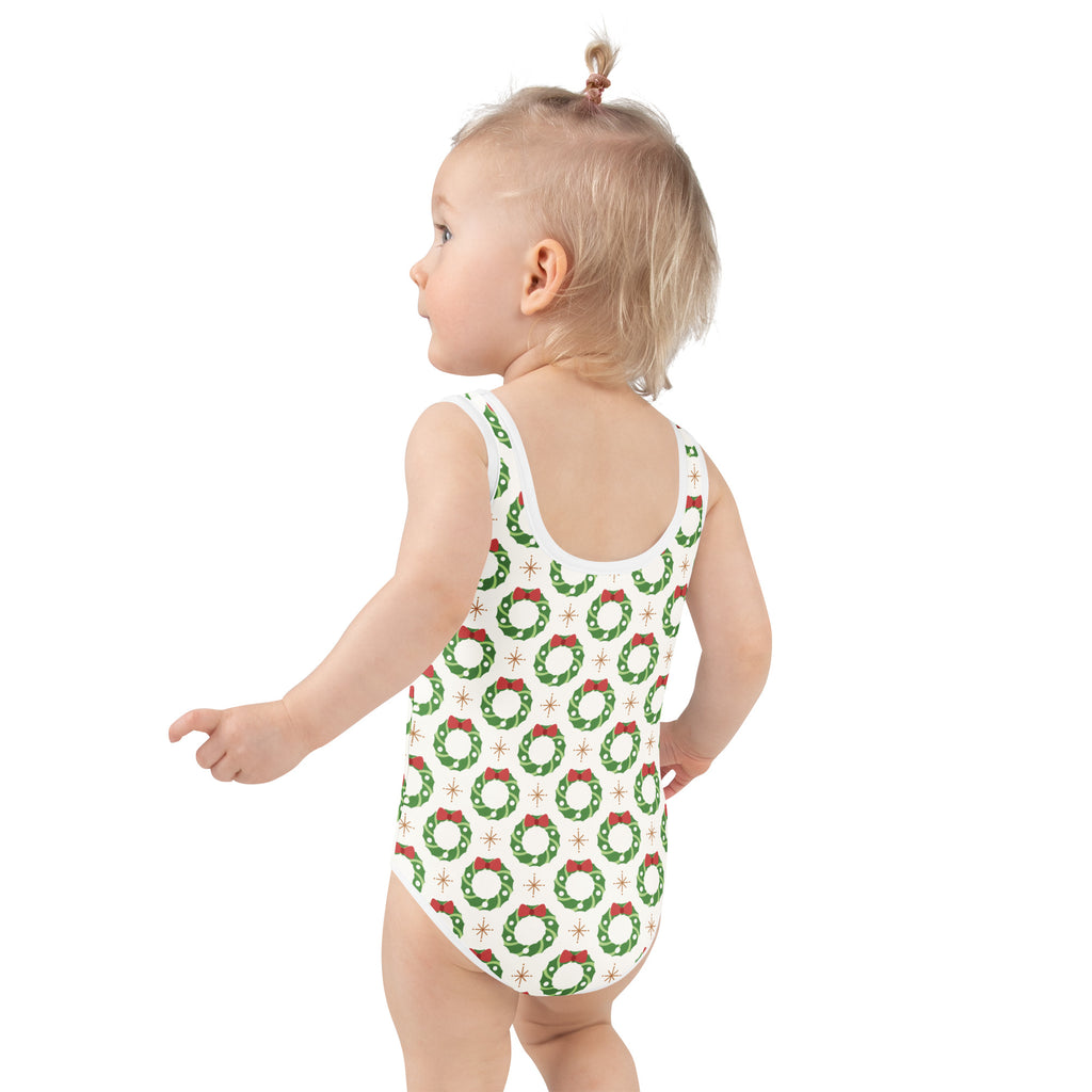 White girls one-piece swimsuit with green and red christmas wreath pattern buttery soft fabric upf 50 plus