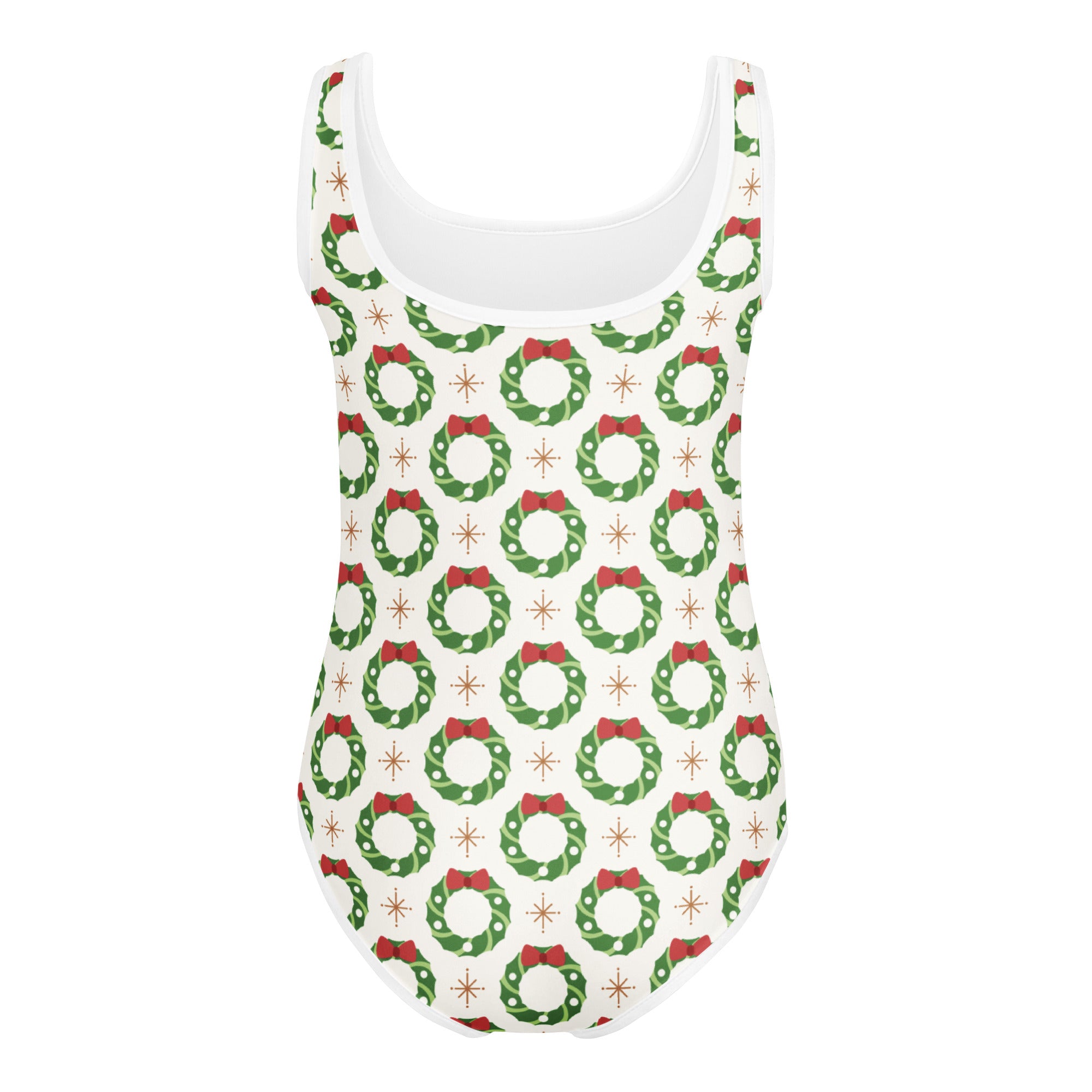 White tank top leotard with festive green wreaths red bows and gold starbursts buttery soft quick drying for dance