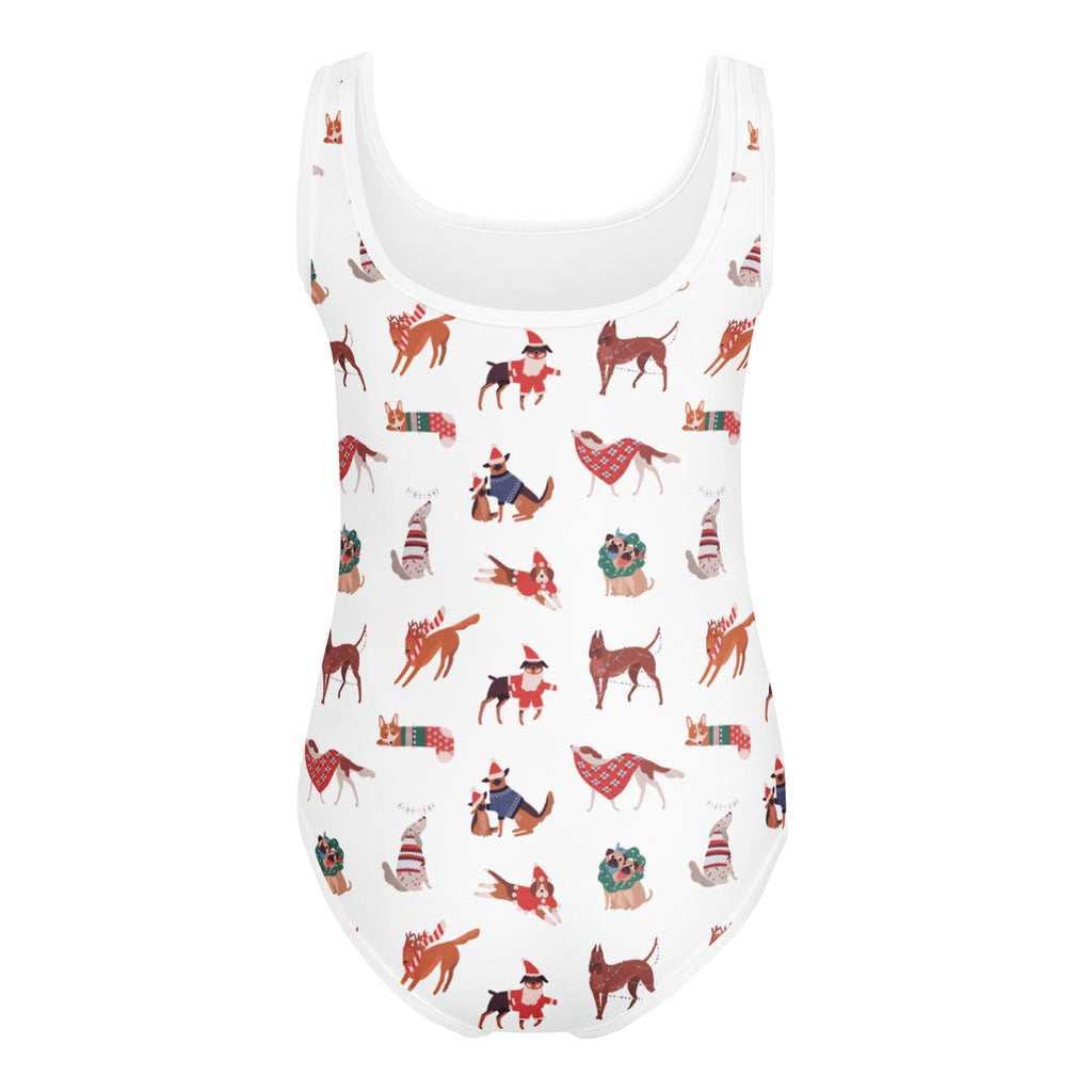 White sleeveless one-piece swimsuit with festive cartoon dogs designed for girls dance and gymnastics quick drying