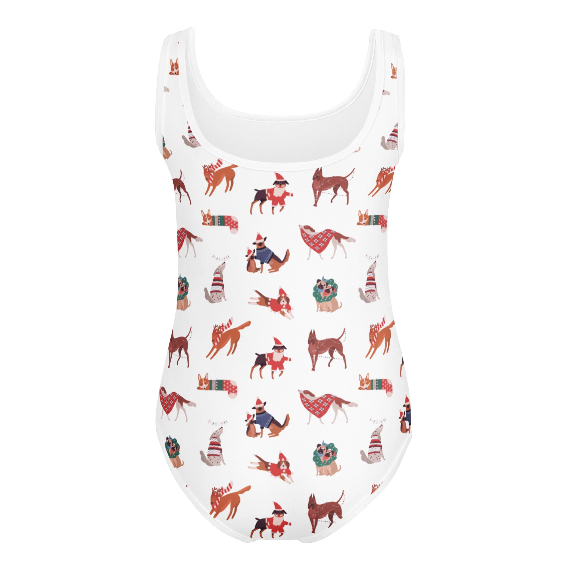 White sleeveless one-piece swimsuit with festive cartoon dogs designed for girls dance and gymnastics quick drying