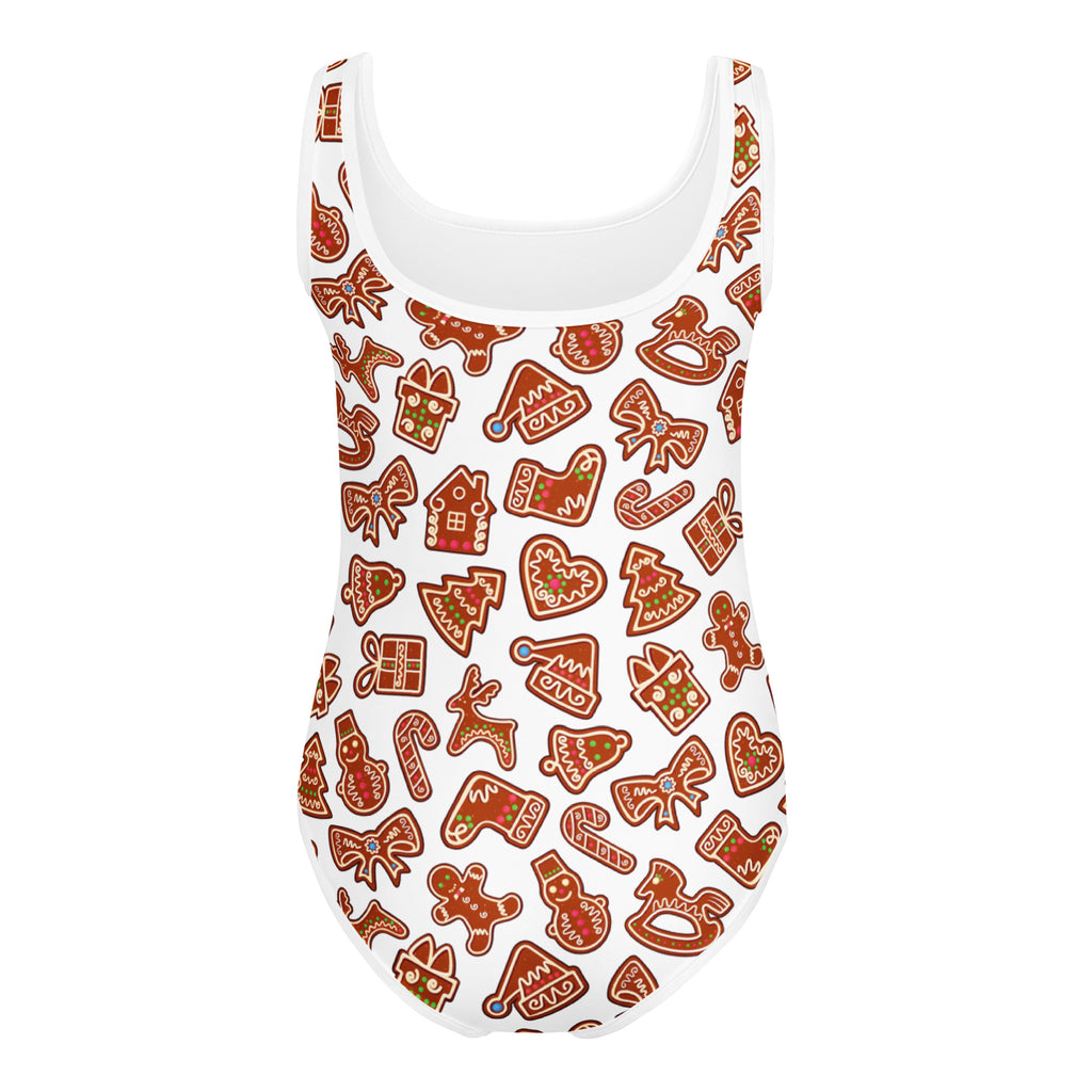 White one-piece swimsuit with gingerbread holiday pattern girls buttery soft quick drying for dance and gymnastics