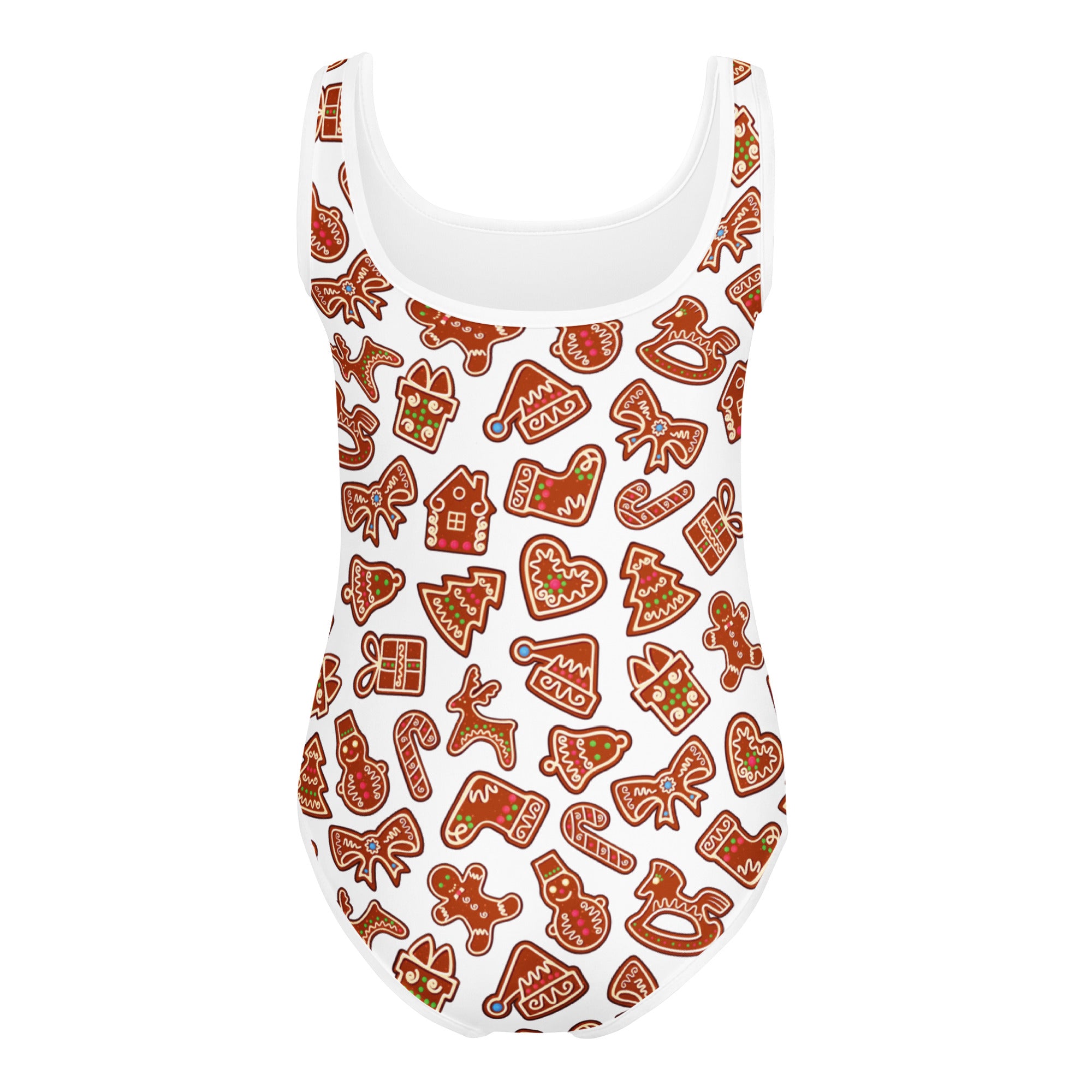 White one-piece swimsuit with gingerbread holiday pattern girls buttery soft quick drying for dance and gymnastics