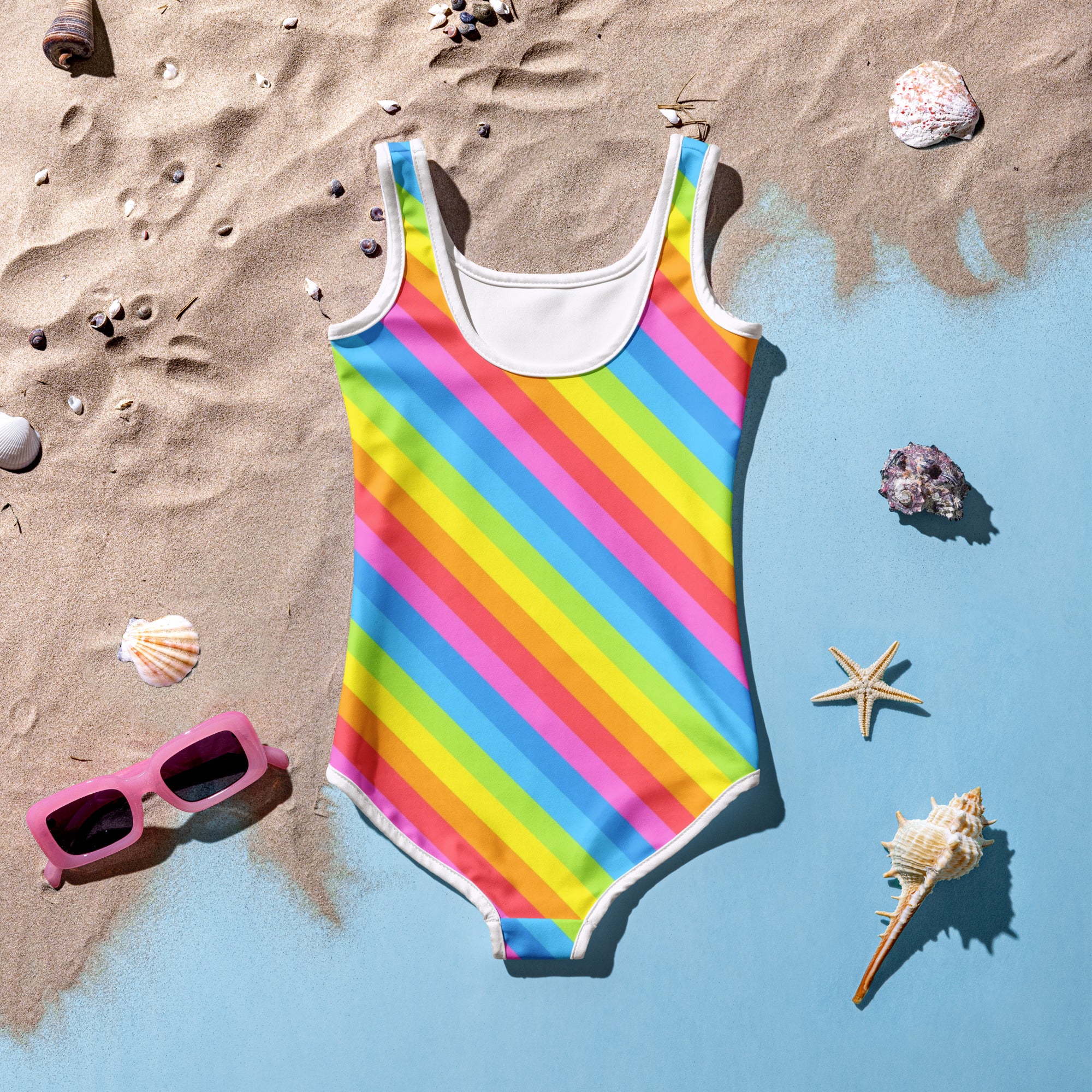 Girls Rainbow Stripe Buttery Soft Swimsuit With UPF 50+