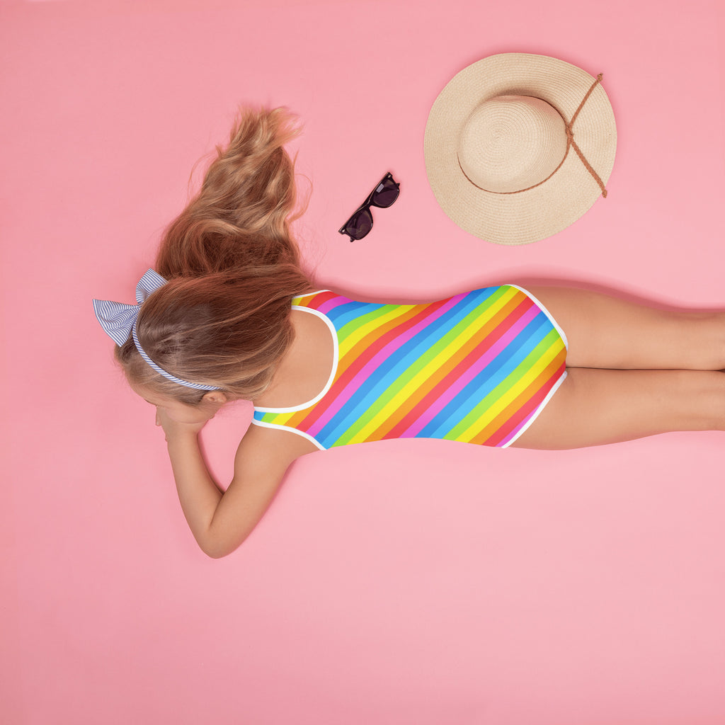 Girls Rainbow Stripe Buttery Soft Swimsuit With UPF 50+