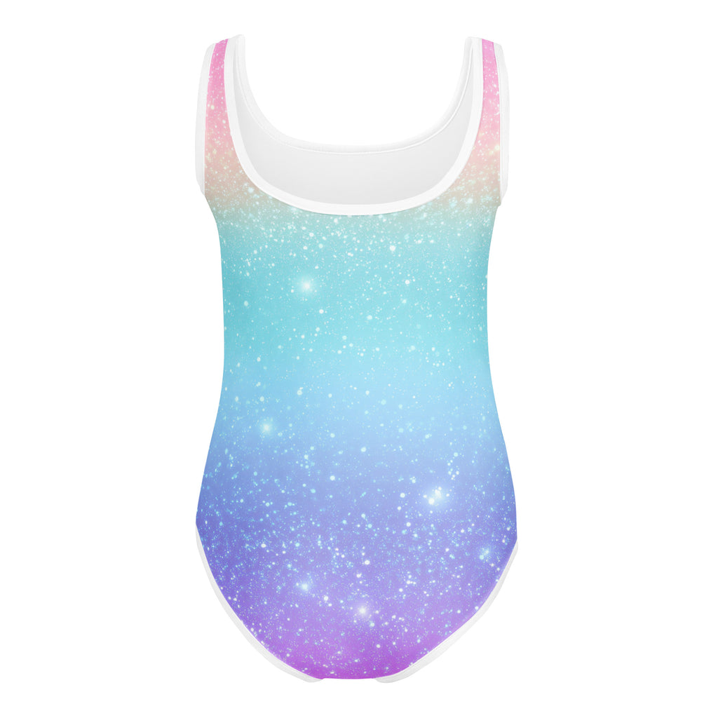 Girls faux sparkle effect rainbow buttery soft galaxy-themed leotard with pink blue purple hues for dance and gymnastics