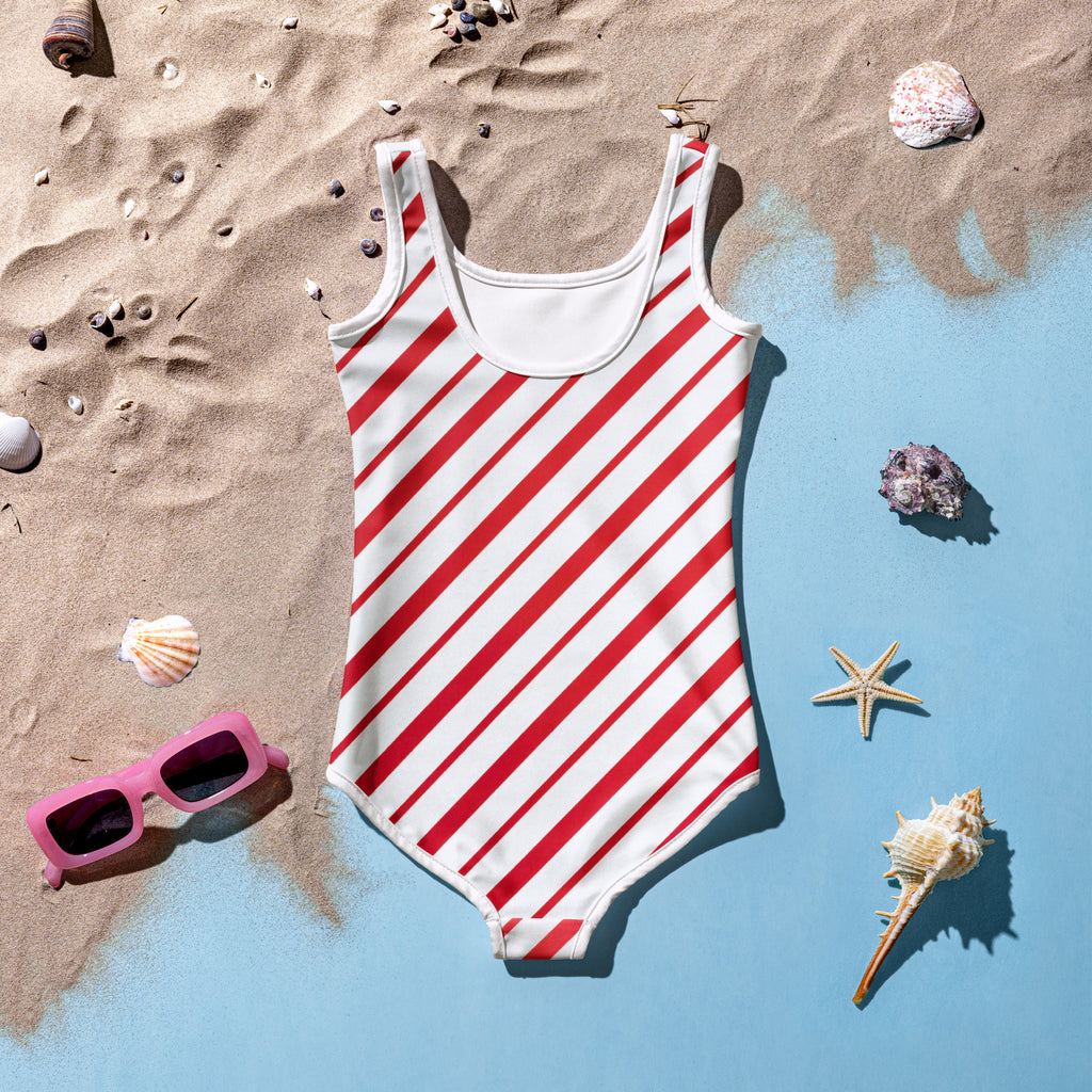 Girls candy cane stripe buttery soft red and white swimsuit with scoop neckline and UPF 50 plus sun protection