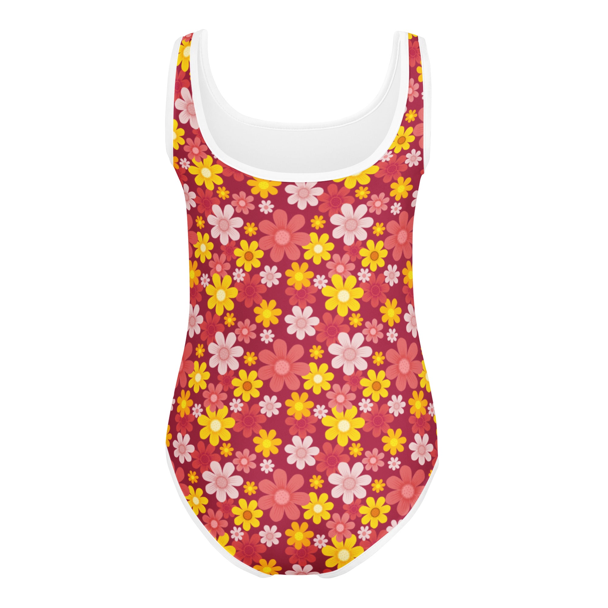 A vibrant red girls floral buttery soft leotard with yellow pink and white daisies quick drying for dance and gymnastics