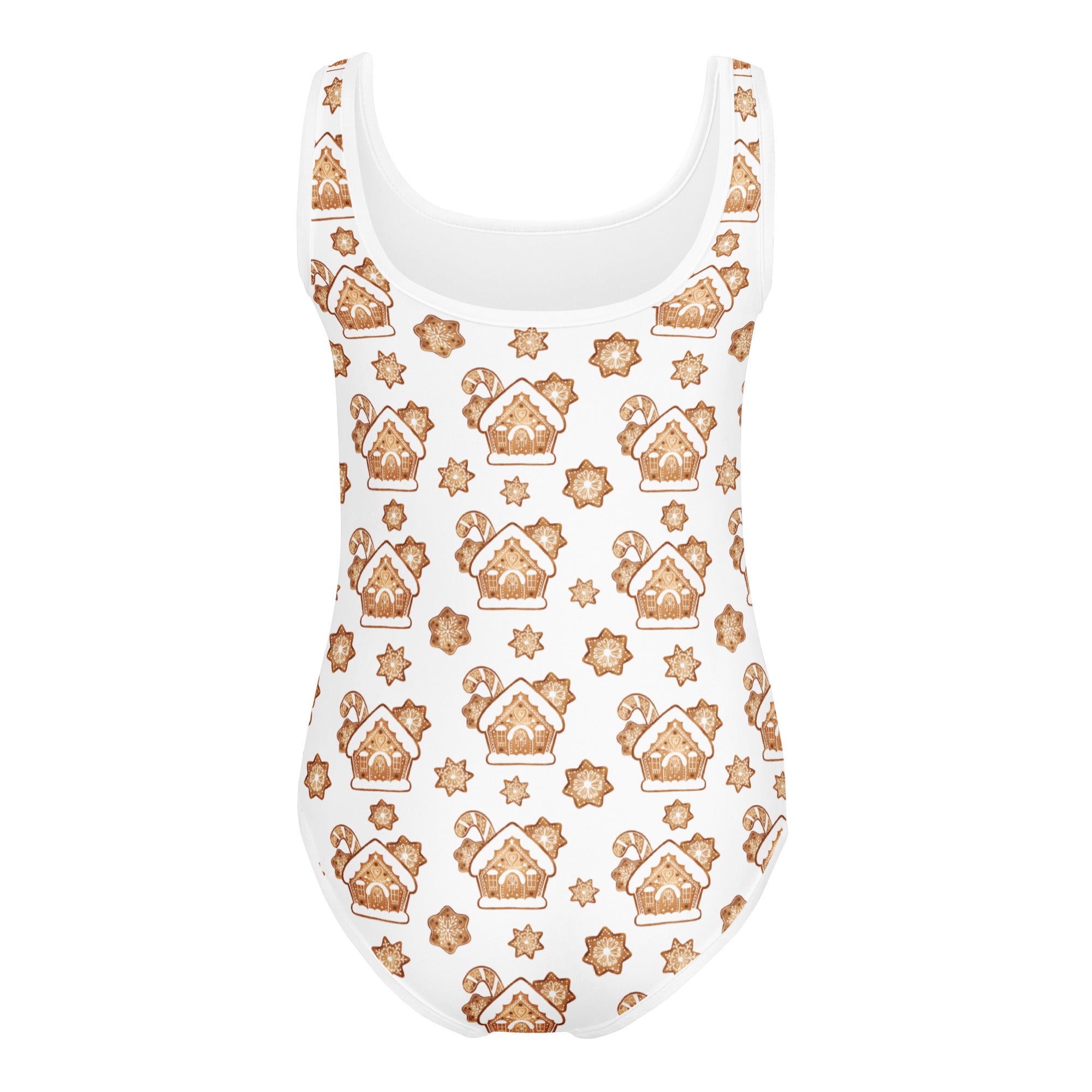 White one-piece swimsuit with festive brown gingerbread houses and stars pattern quick drying for dance and gymnastics