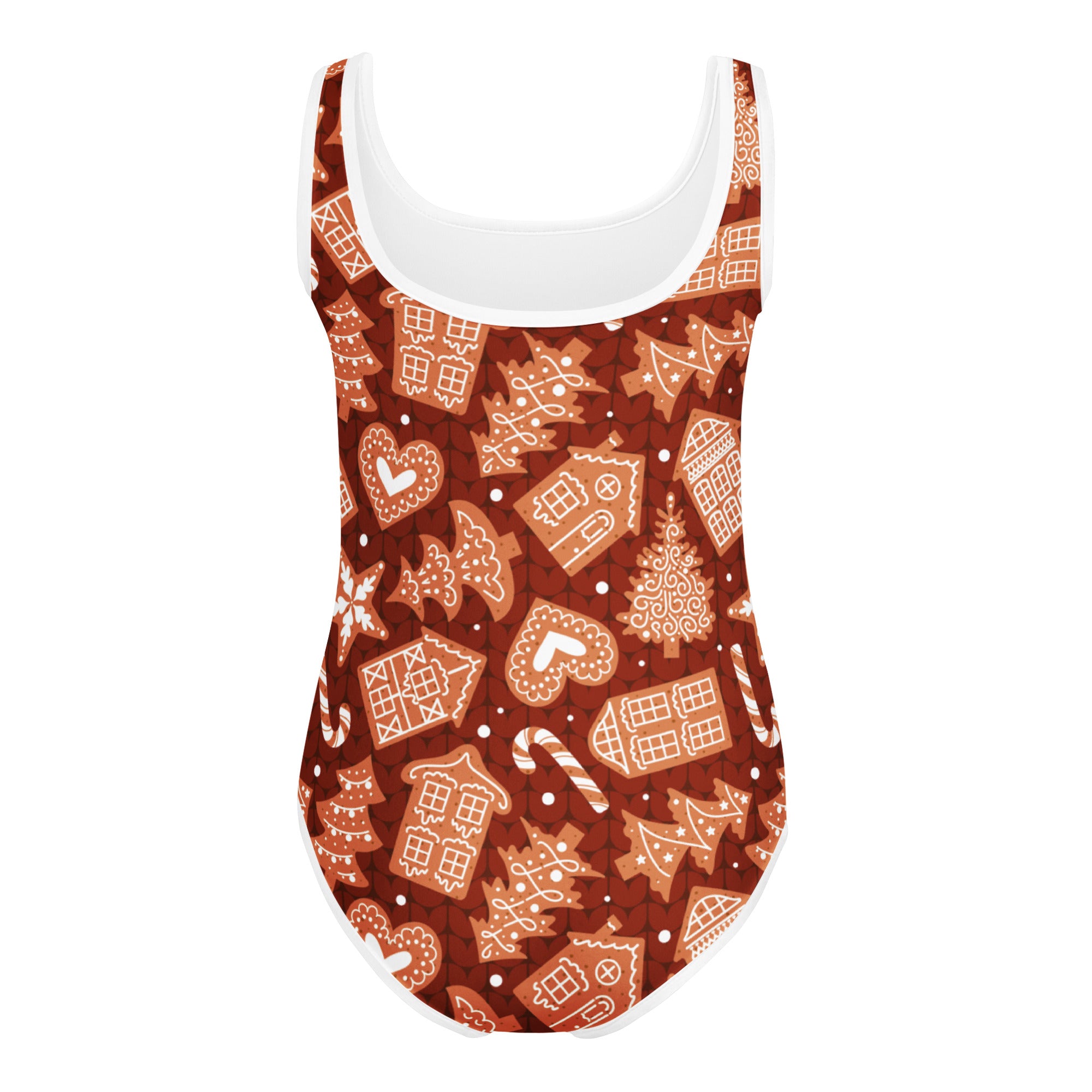 Girls red gingerbread cookies buttery soft leotard with white festive gingerbread house and candy cane pattern for dance