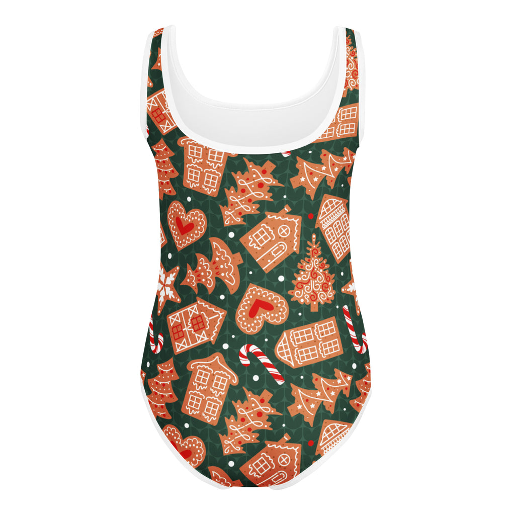 Girls green gingerbread cookies buttery soft one-piece swimsuit with festive pattern for dance and gymnastics