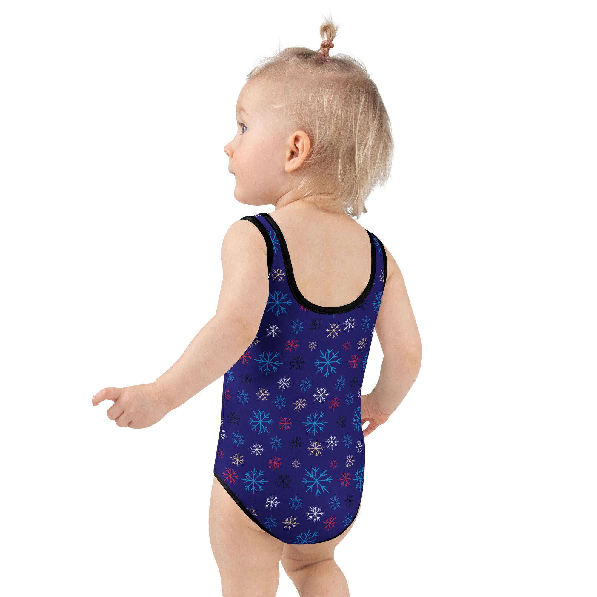 Girls winter snowflake buttery soft navy blue one-piece swimsuit with black trim and multicolored snowflake pattern upf 50+