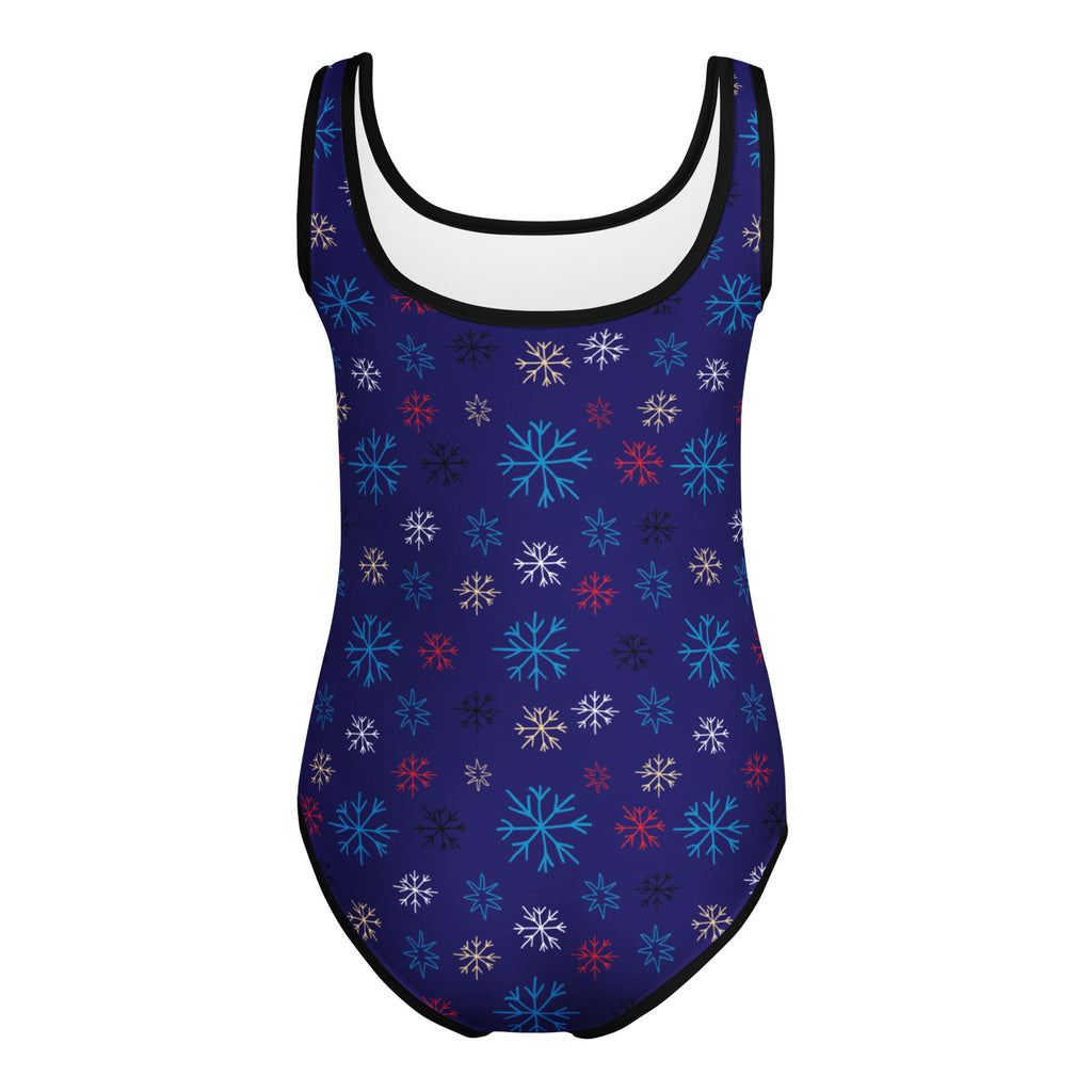Girls blue snowflake buttery soft quick drying one-piece swimsuit for dance and gymnastics with multicolored snowflakes