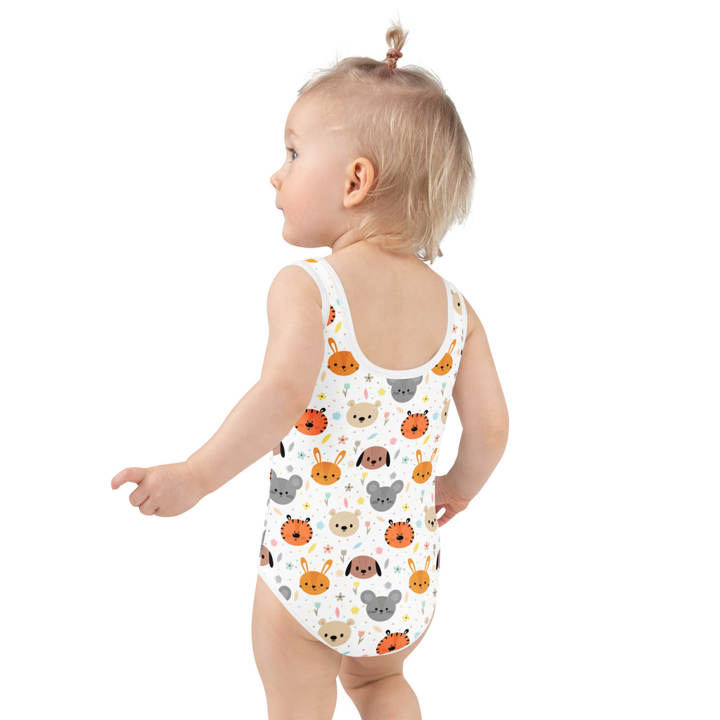 White one-piece baby bodysuit with playful orange gray beige cartoon animals buttery soft fabric and upf 50+ protection