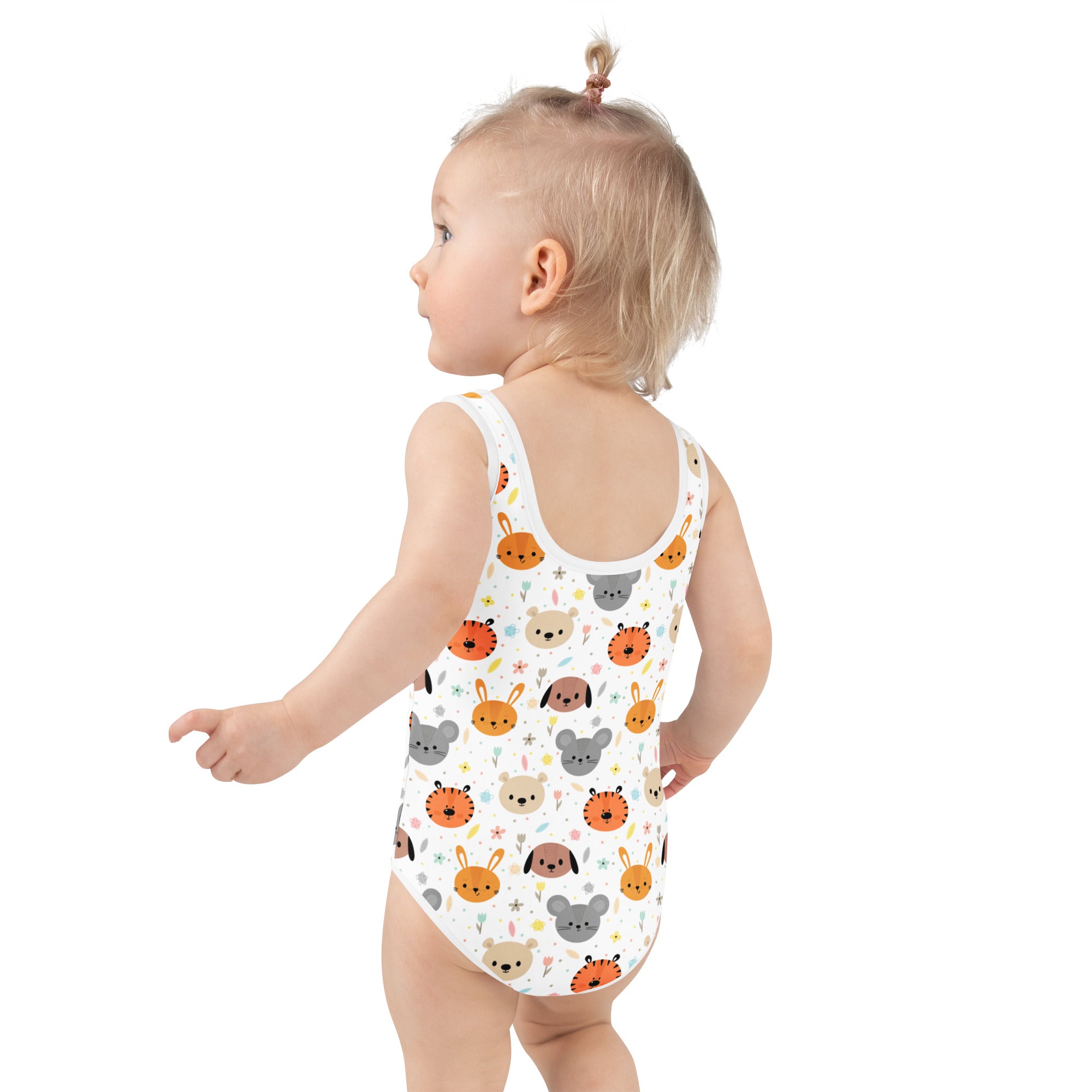 White one-piece baby bodysuit with playful orange gray beige cartoon animals buttery soft fabric and upf 50+ protection