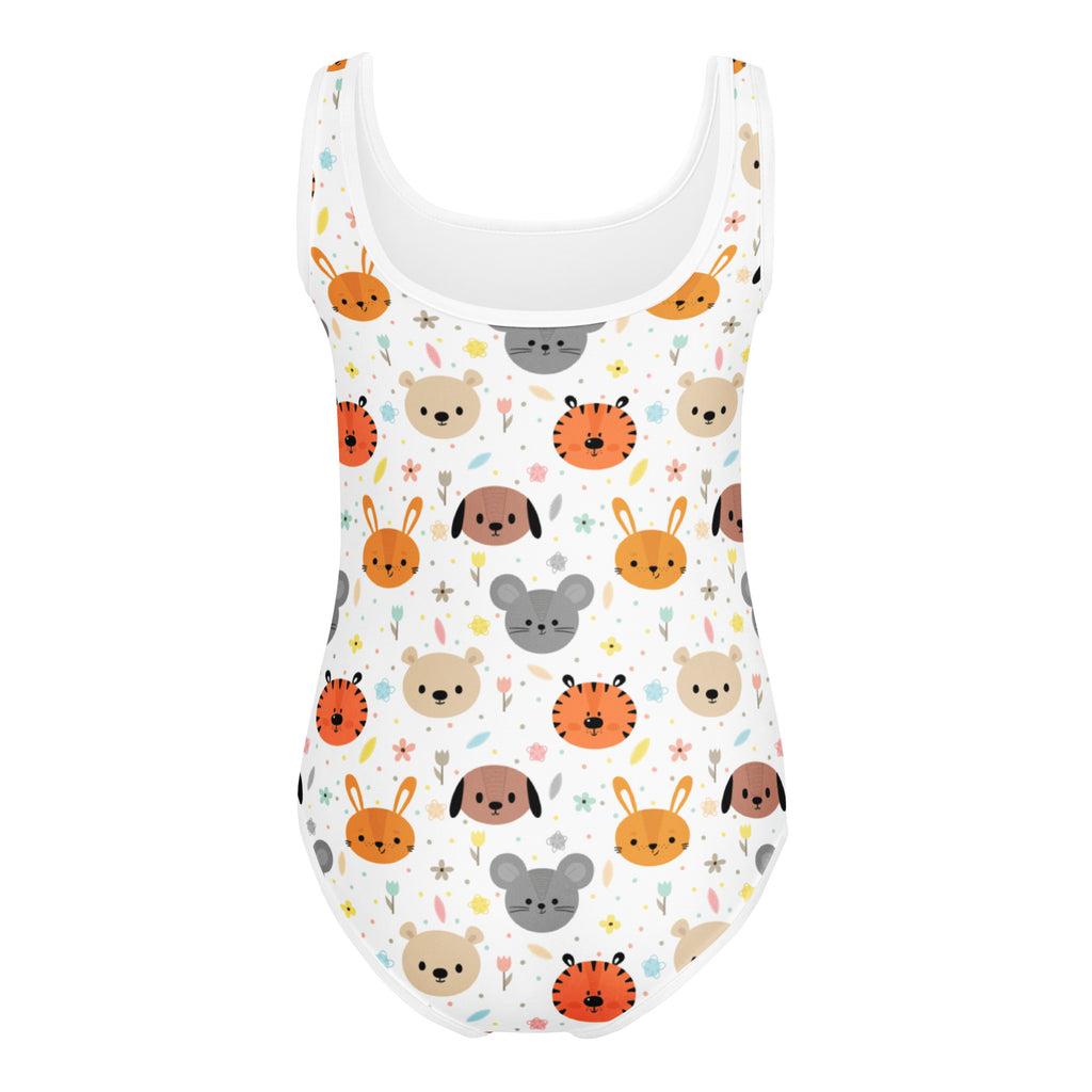 White girls cute animal faces buttery soft one-piece swimsuit with orange rabbits gray mice and tiger faces for gymnastics