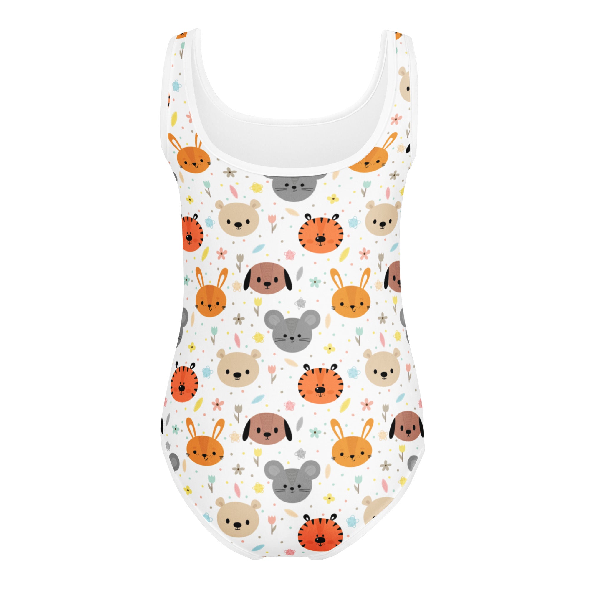 White girls cute animal faces buttery soft one-piece swimsuit with orange rabbits gray mice and tiger faces for gymnastics