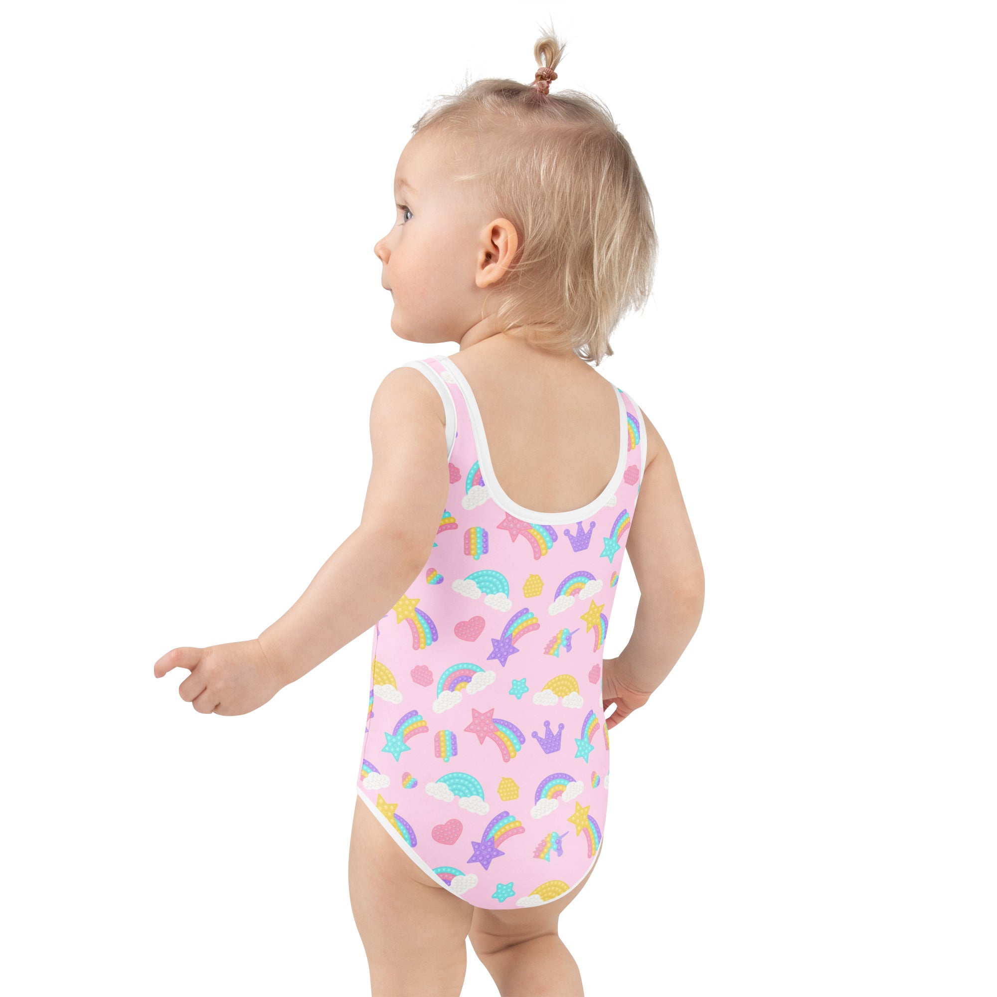 Girls fidget pop themed buttery soft pink one-piece swimsuit with white trim and pastel rainbows stars hearts and crowns