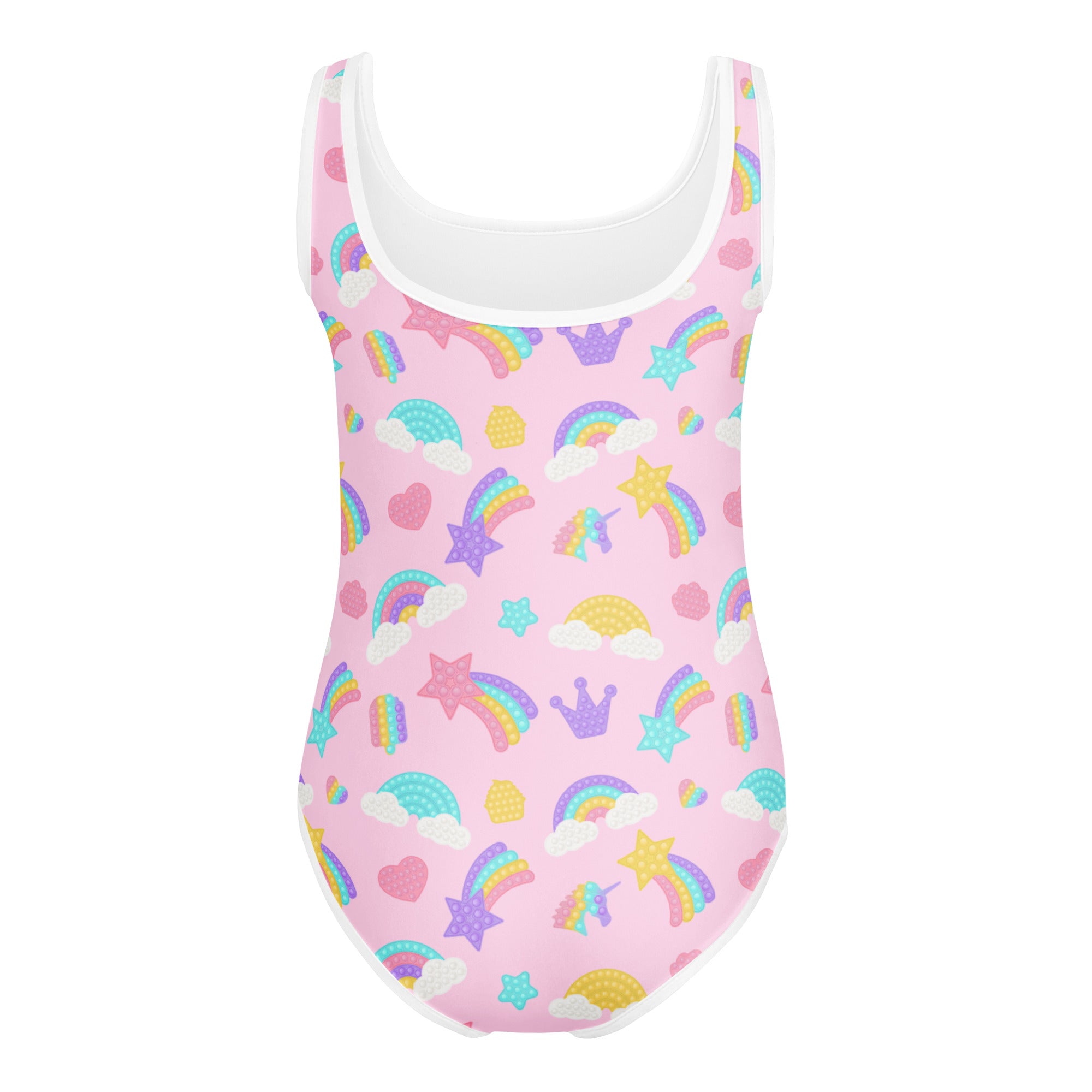 Pink girls pop fidget toy themed buttery soft leotard with white trim and pastel rainbow pattern for dance and gymnastics
