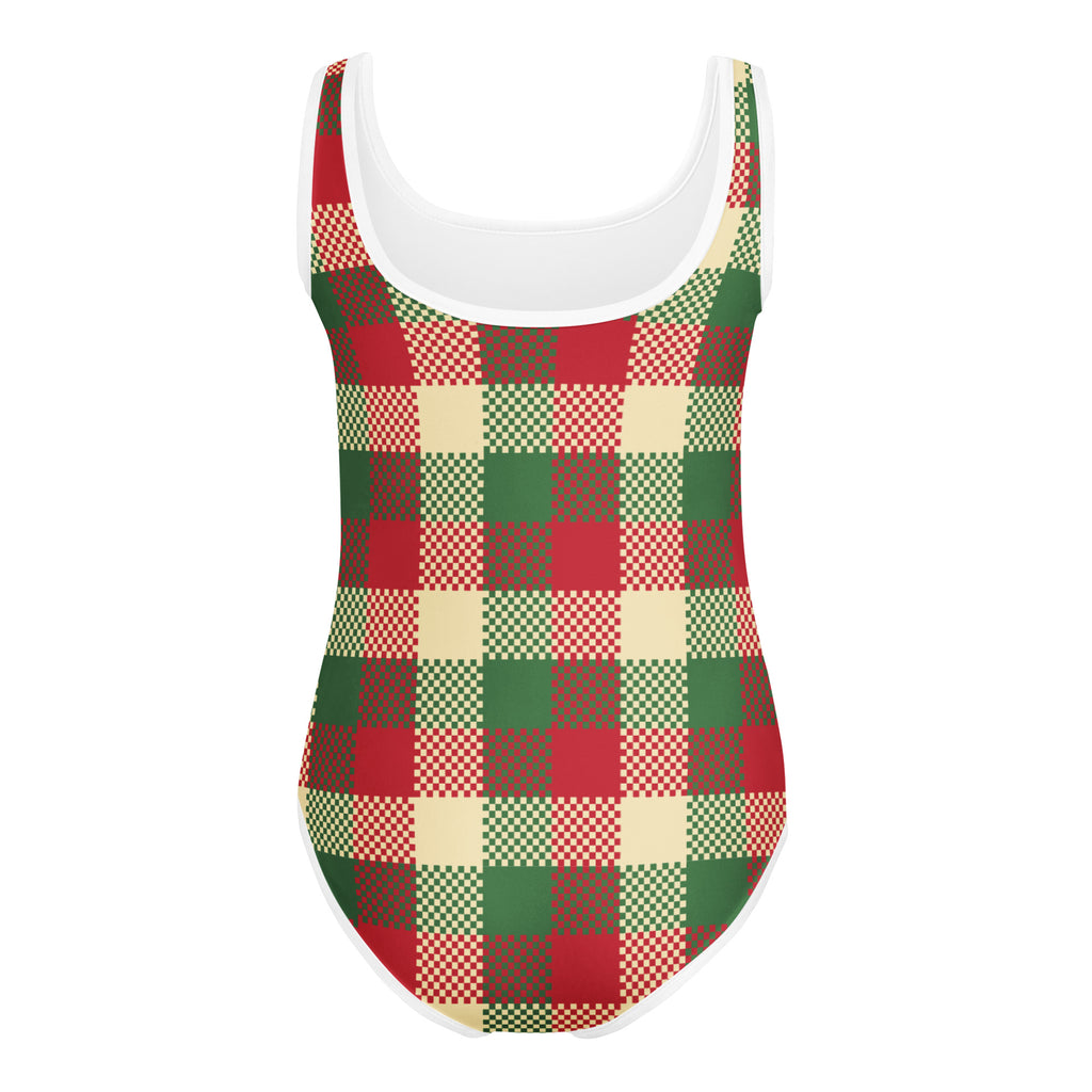 Girls christmas plaid buttery soft one-piece swimsuit in red green and cream with white trim for dance and gymnastics