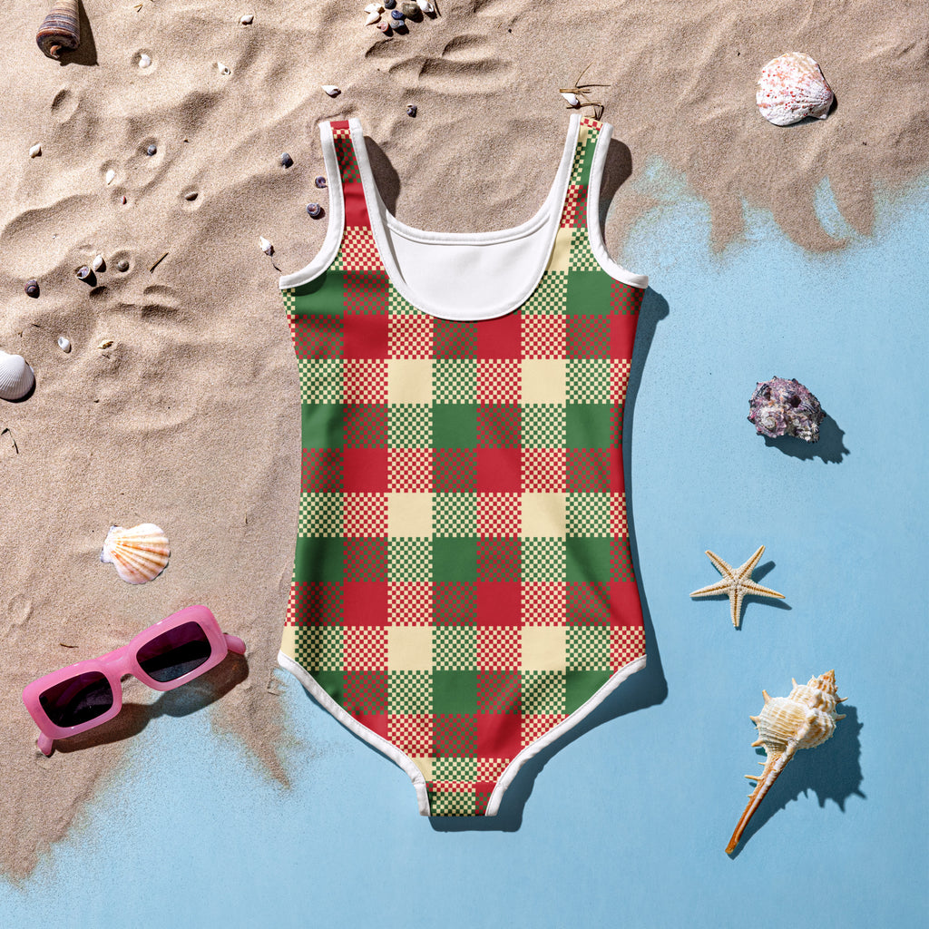 Girls christmas plaid buttery soft one-piece swimsuit with red green beige pattern white trim and UPF 50 plus protection