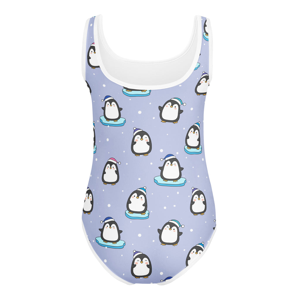 Lavender girls winter penguin buttery soft leotard with cartoon penguin pattern and white trim for dance and gymnastics