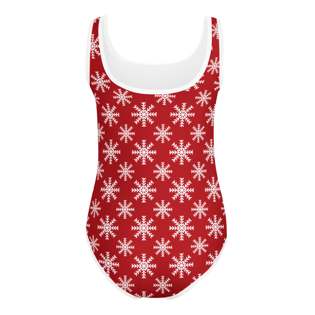 Girls red snowflake buttery soft quick drying leotard with white trim for dance and gymnastics