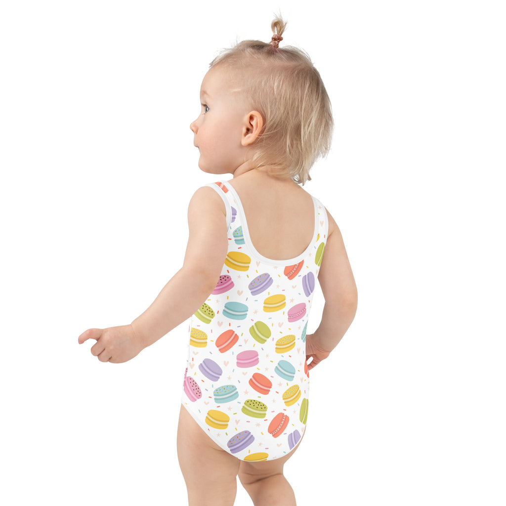 Girls pastel macaron buttery soft white one-piece swimsuit with colorful macaron pattern and UPF 50 plus protection