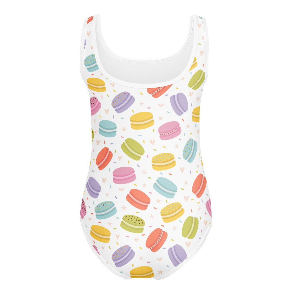 Girls pastel macaron buttery soft white one-piece swimsuit with colorful macarons and hearts quick drying for dance and gymnastics